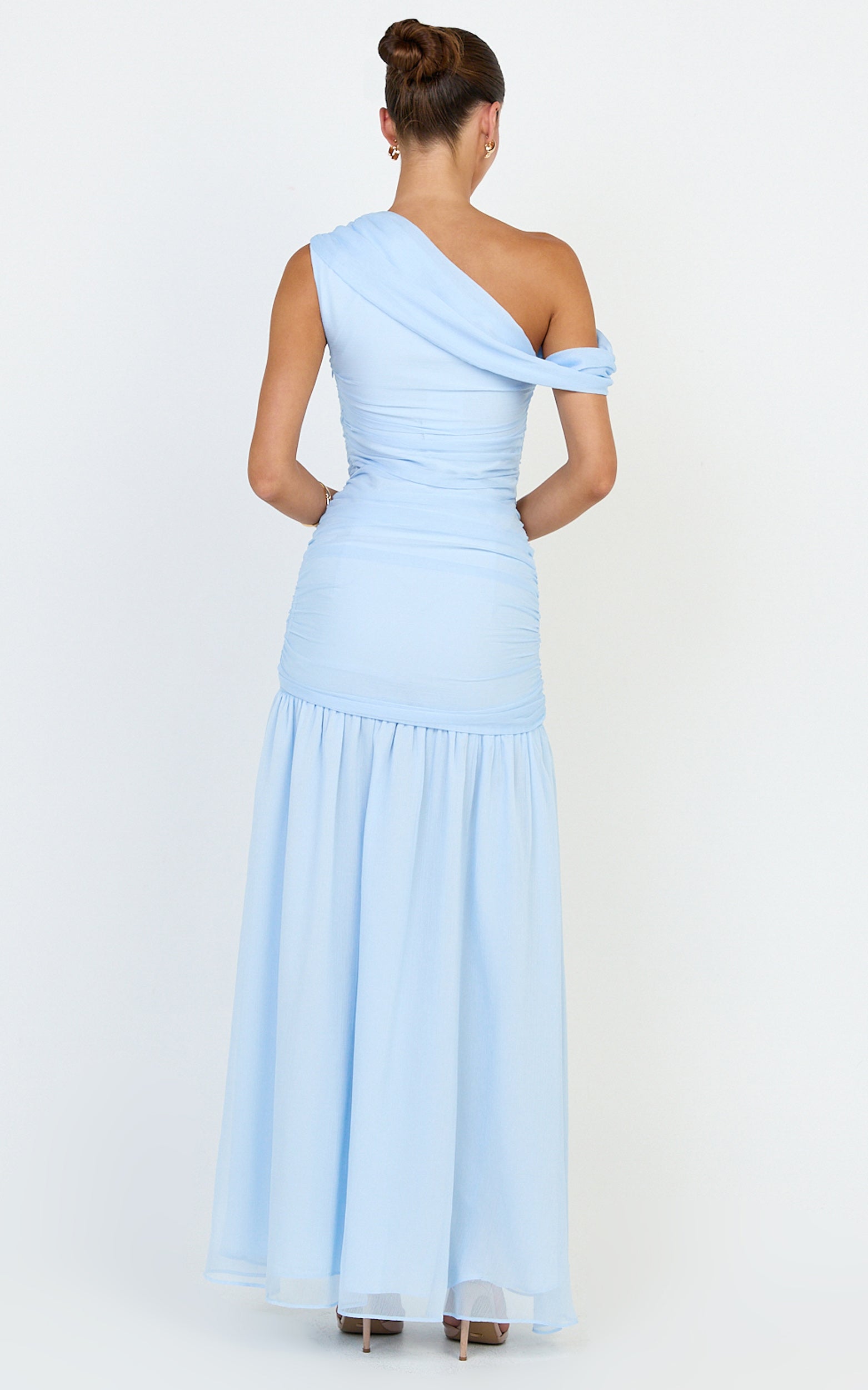Oceane Maxi Dress - Draped Off Shoulder Gathered Bodice Dress in Soft Blue