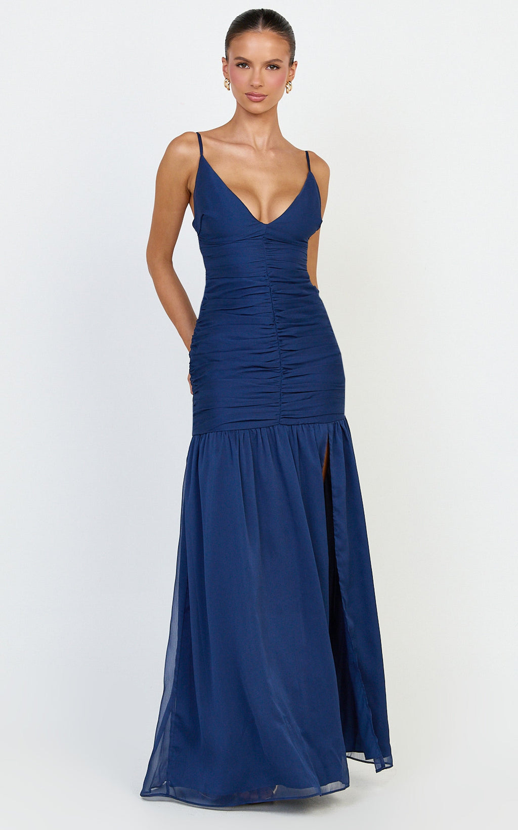 Oceane Maxi Dress - Plunge Neckline Gathered Chiffon Dress in Navy
