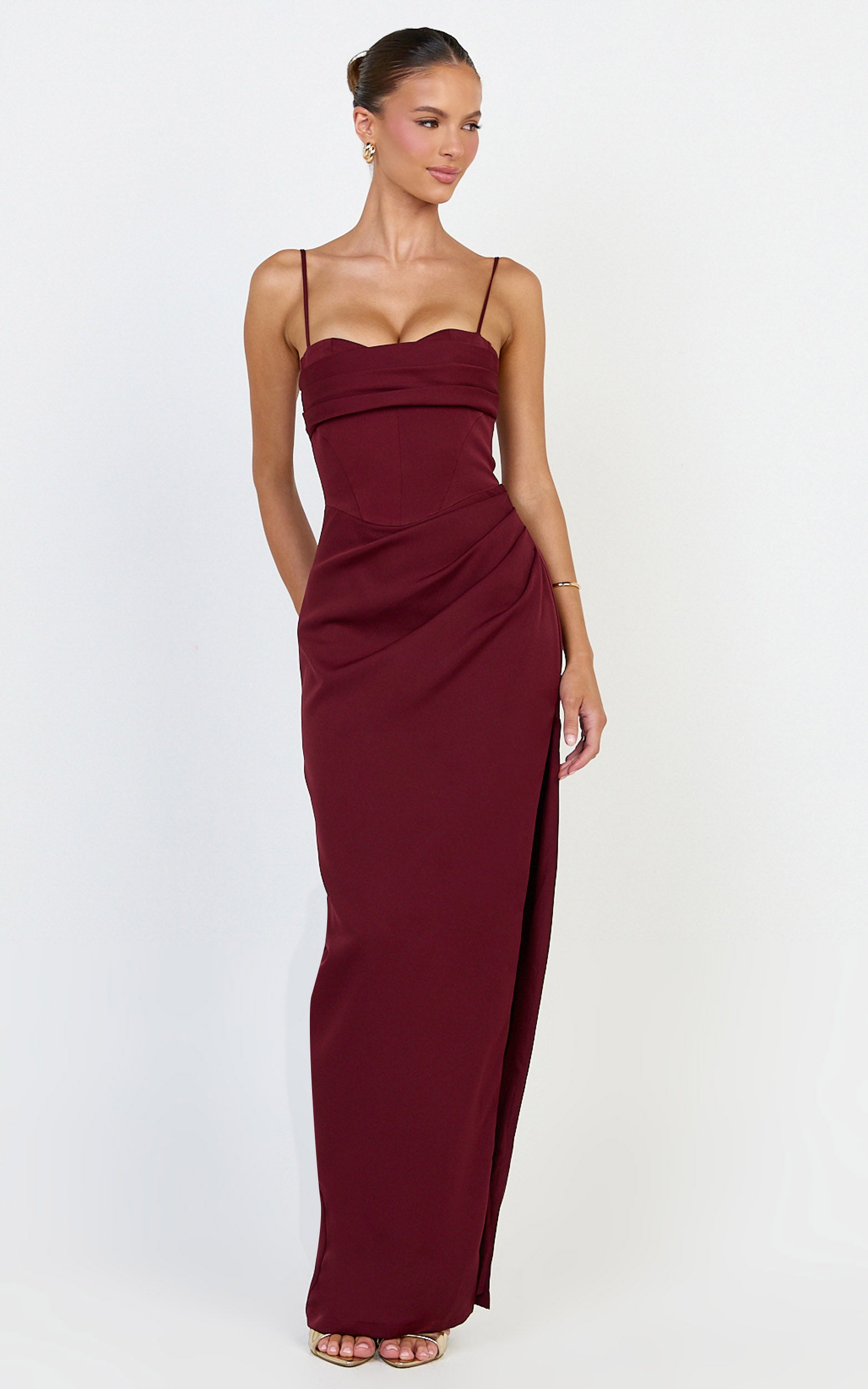 Zinnia Maxi Dress - Gathered Bust Side Split Dress in Wine