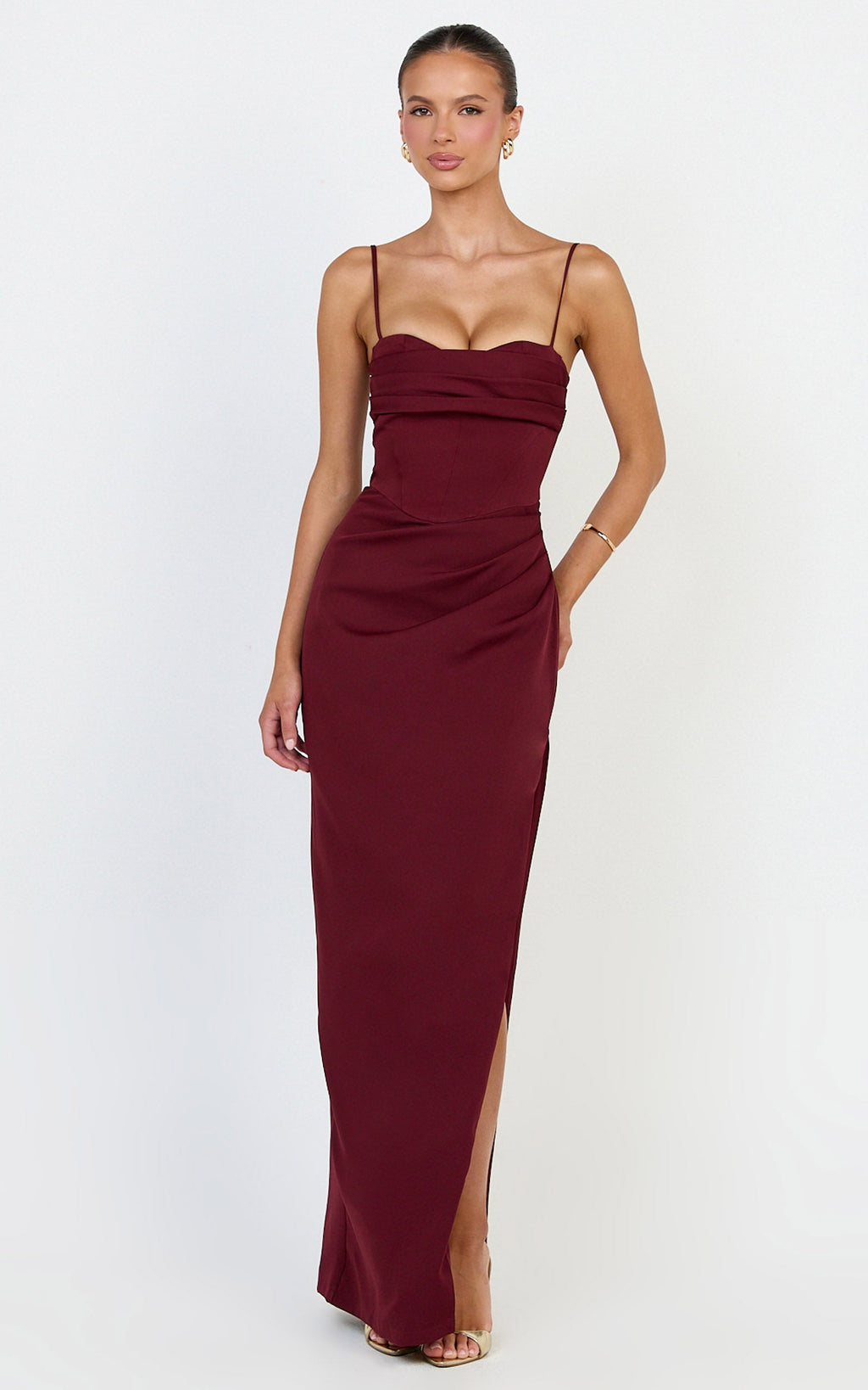 Zinnia Maxi Dress - Gathered Bust Side Split Dress in Wine