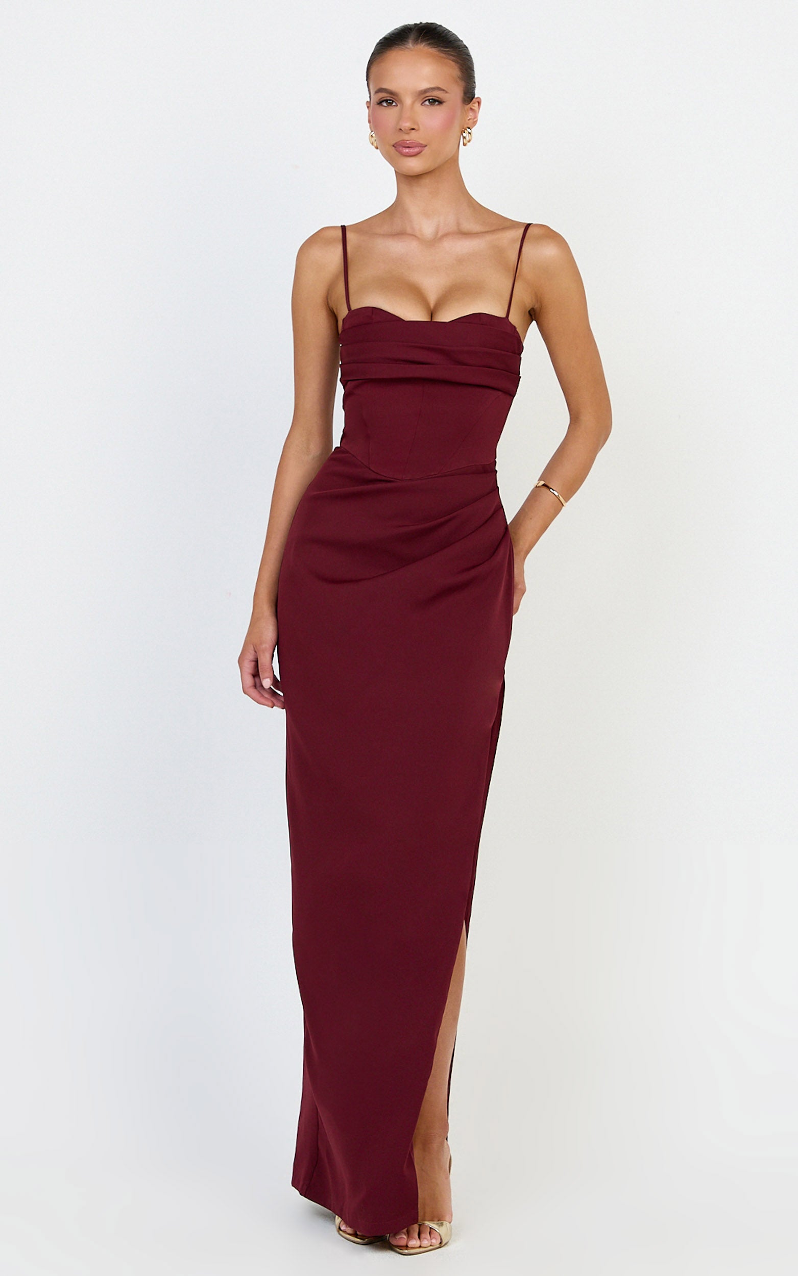 Zinnia Maxi Dress - Gathered Bust Side Split Dress in Wine