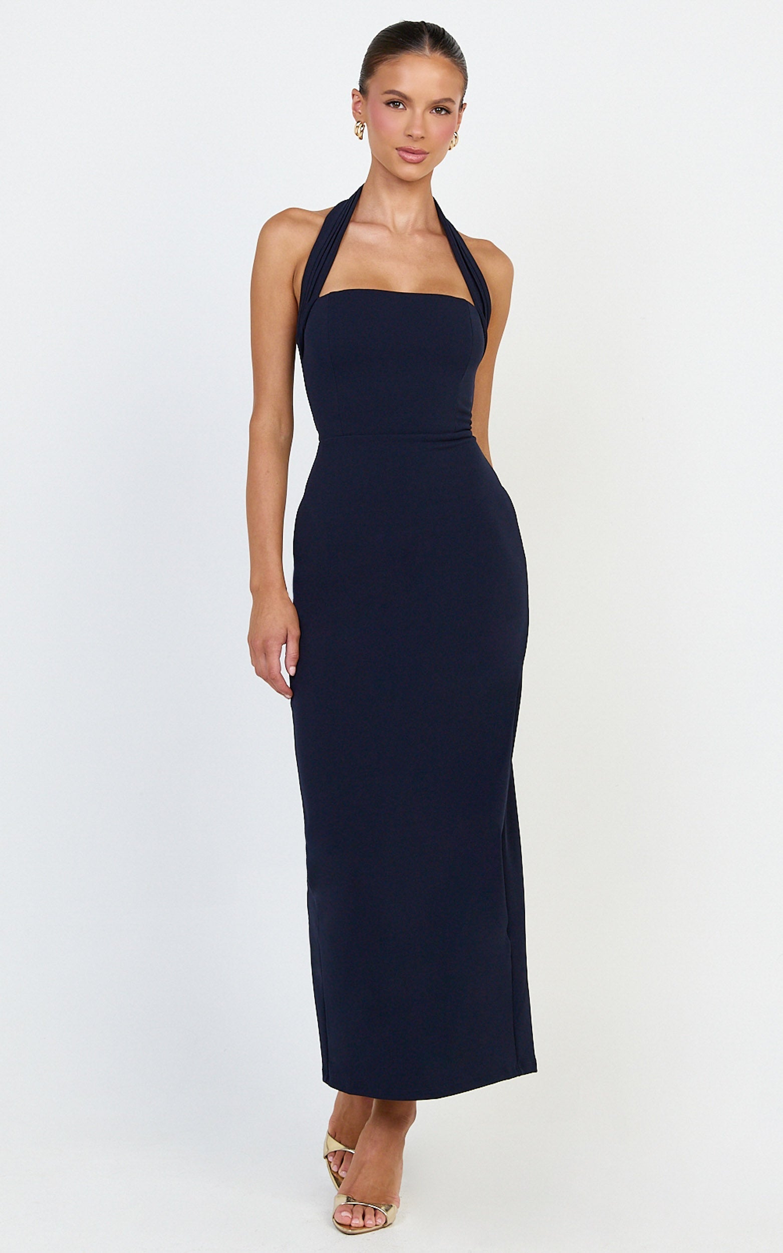 Salome Midi Dress - Halter Neck Column Dress in Navy
