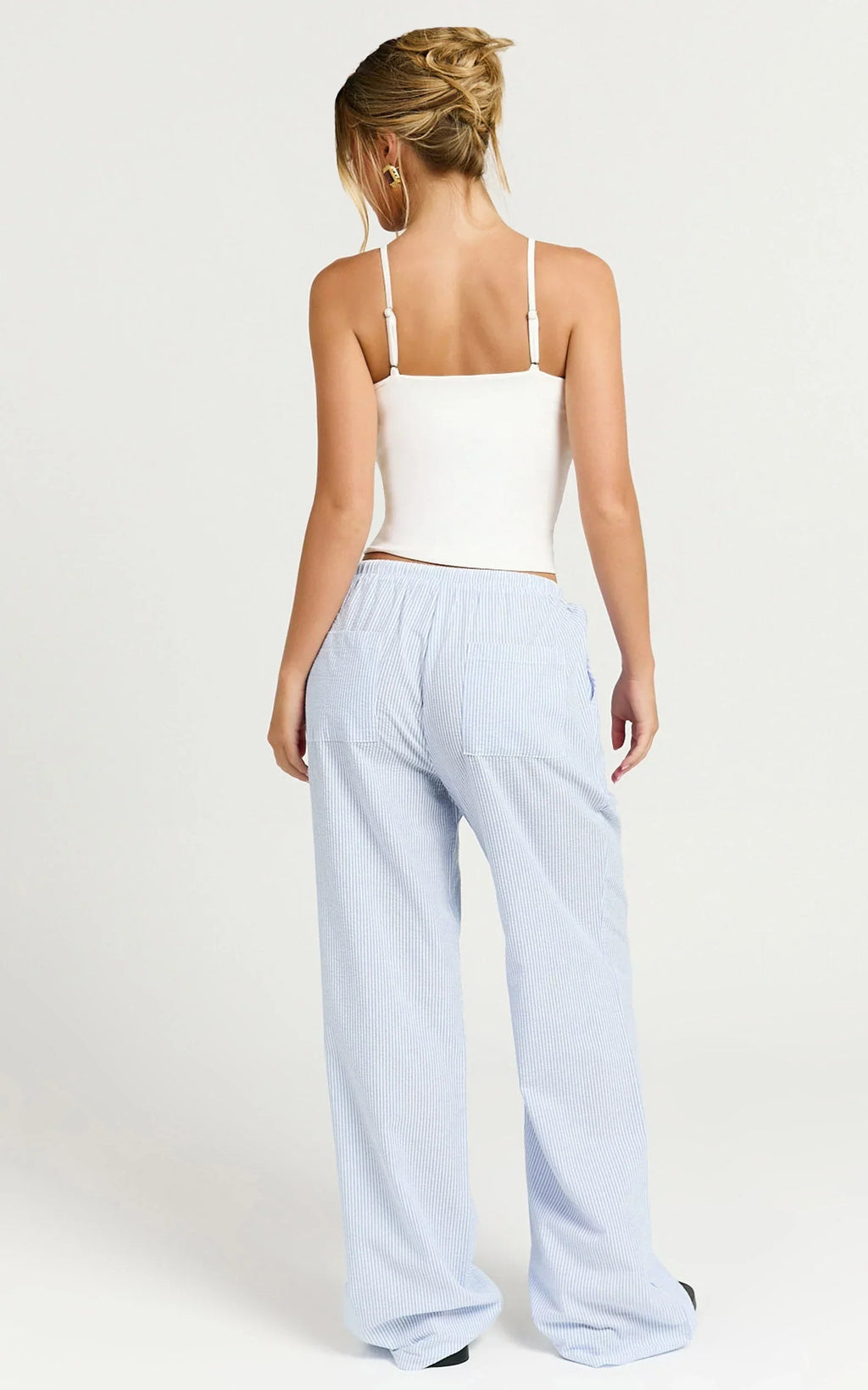 Harlo Pants - Mid Waisted Relaxed Leg Stripe Pants in Blue/ White