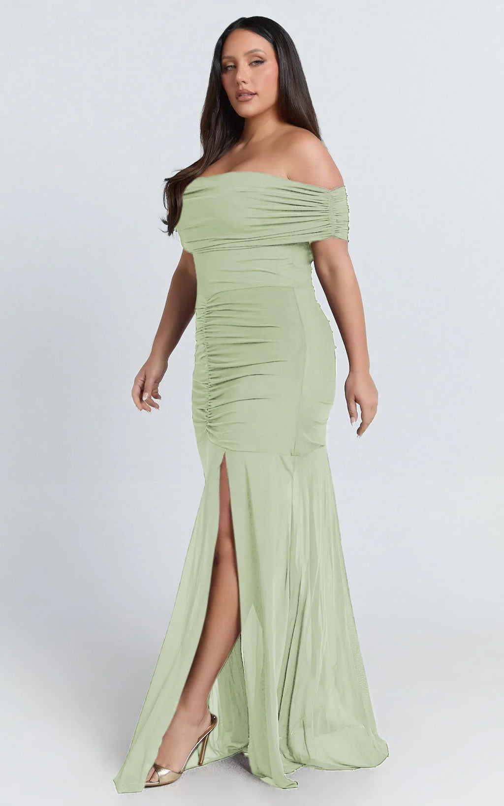 Alanna Maxi Dress - Off Shoulder Ruched Mesh Dress in Sage