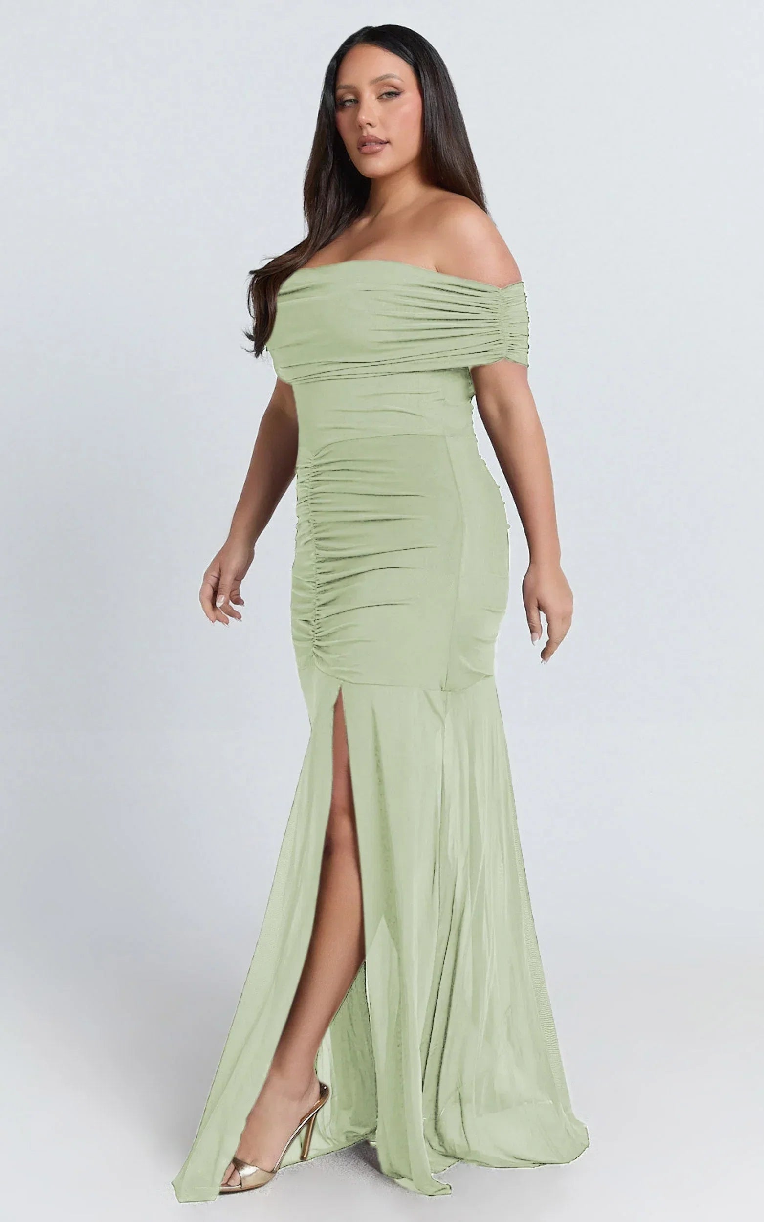 Alanna Maxi Dress - Off Shoulder Ruched Mesh Dress in Sage