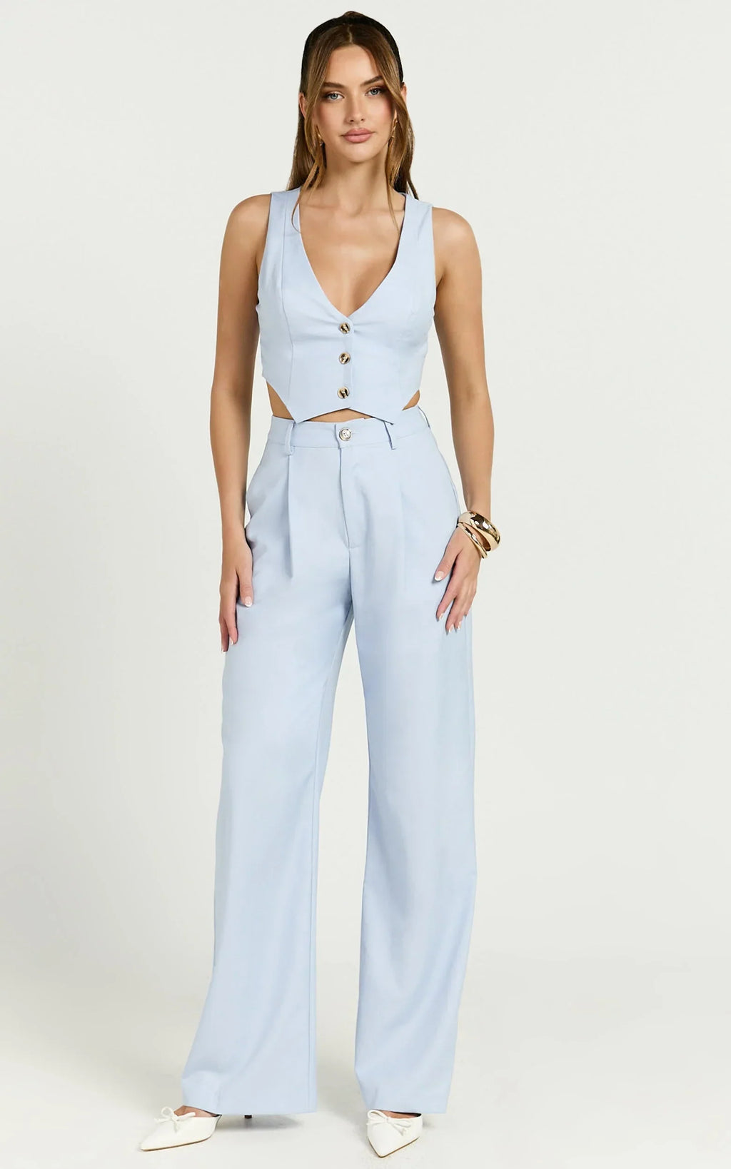 Izara Trousers - Mid Rise Relaxed Straight Leg Tailored Trousers in Light Blue