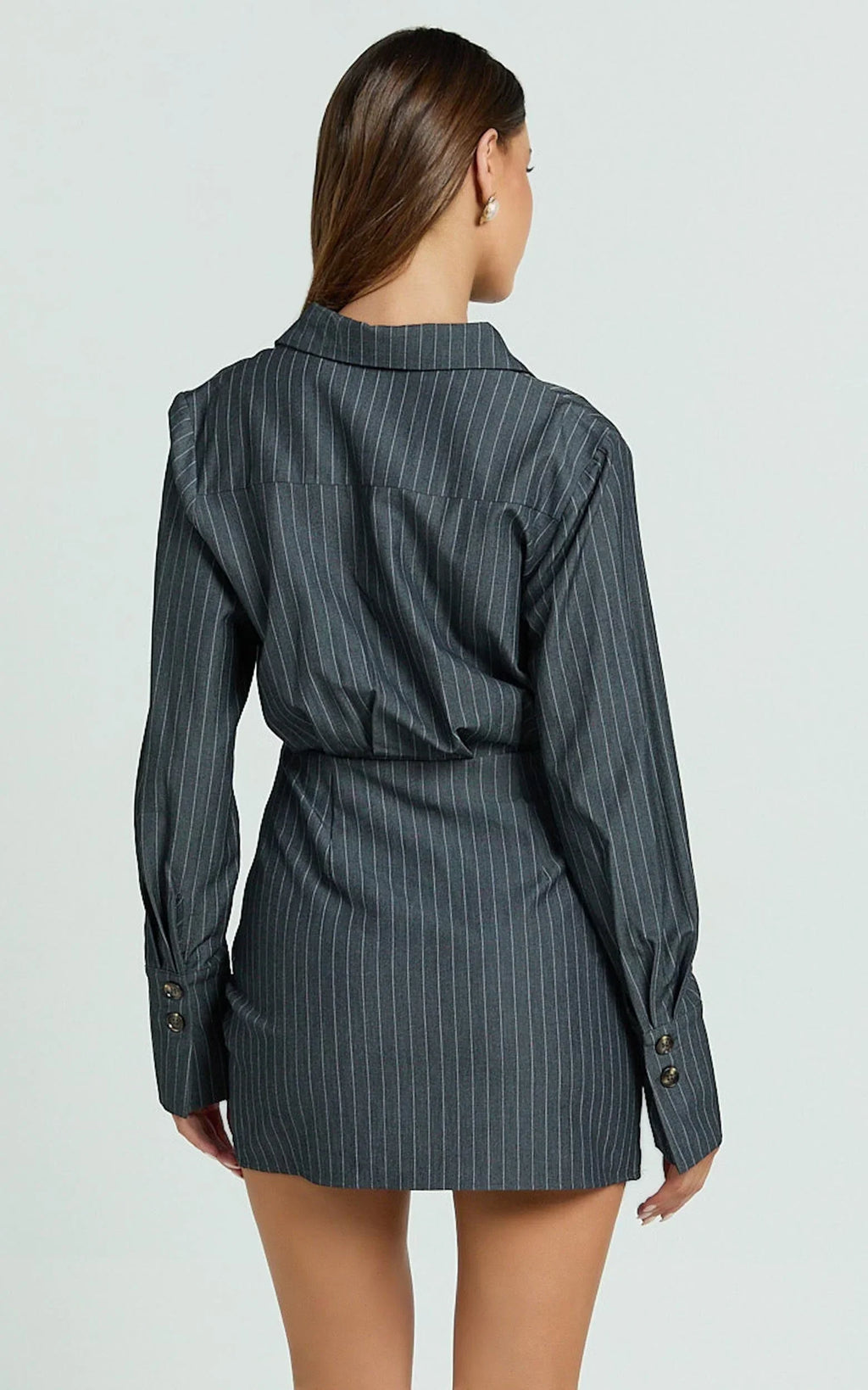 Desiree Mini Dress - Long Sleeve Wrap Skirt Shirt Dress in Grey