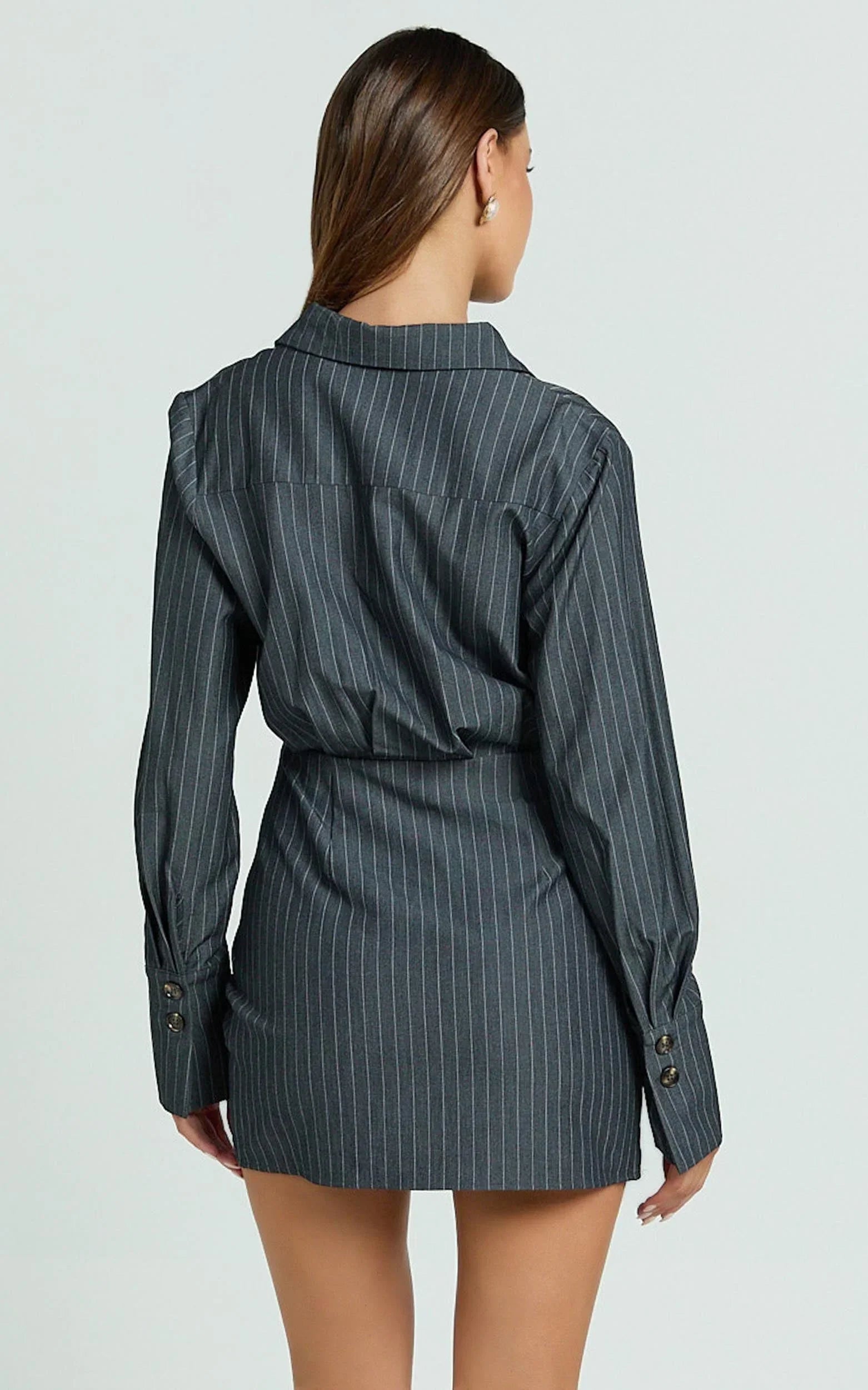 Desiree Mini Dress - Long Sleeve Wrap Skirt Shirt Dress in Grey