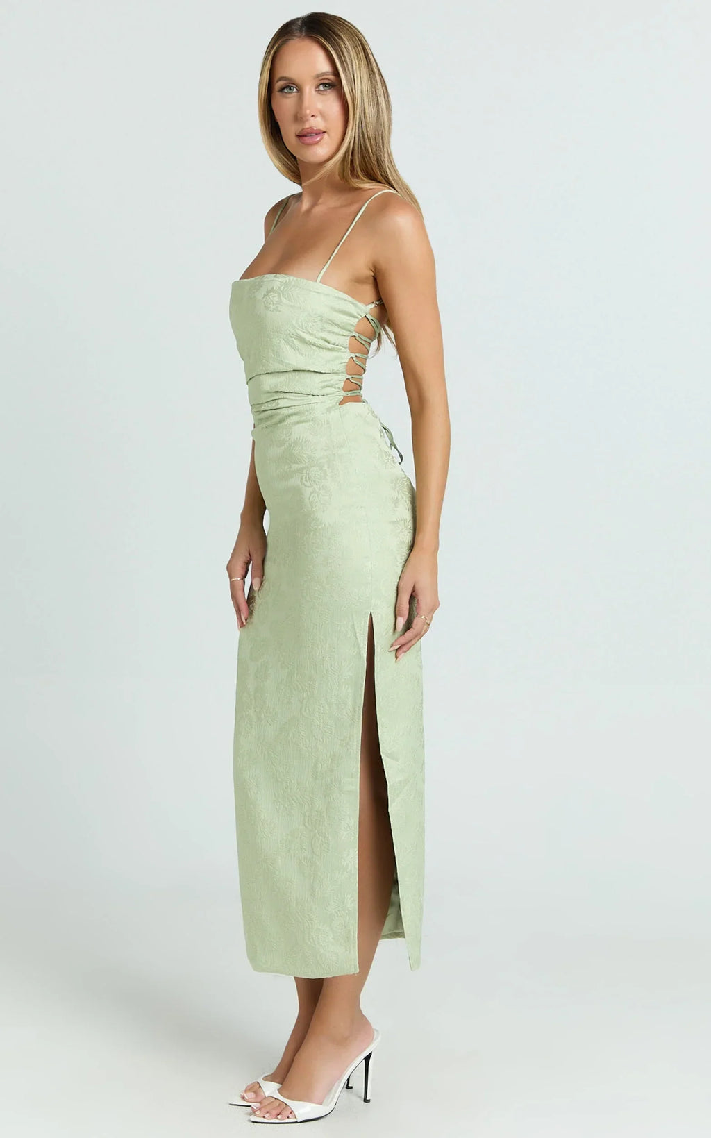 Indiana Midi Dress - Jacquard Square Neck Lace Back Fitted Dress in Green