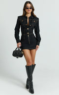 Fabia Mini Dress - Denim Hardware Button Front Fitted Shirt Dress in Dark Wash