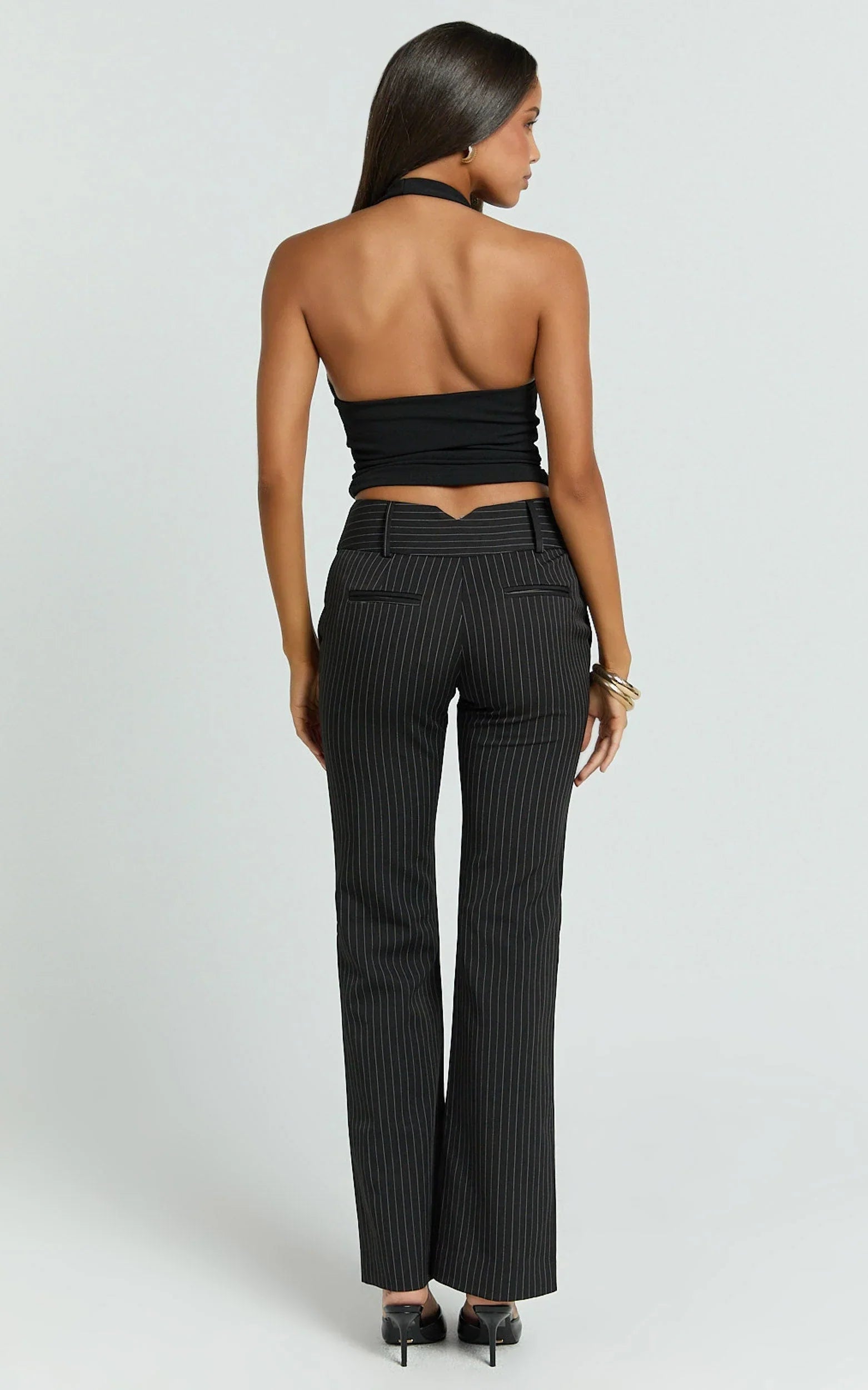 Elliot Pants - Mid Rise Pinstripe Bootleg Pants in Black Pinstripe