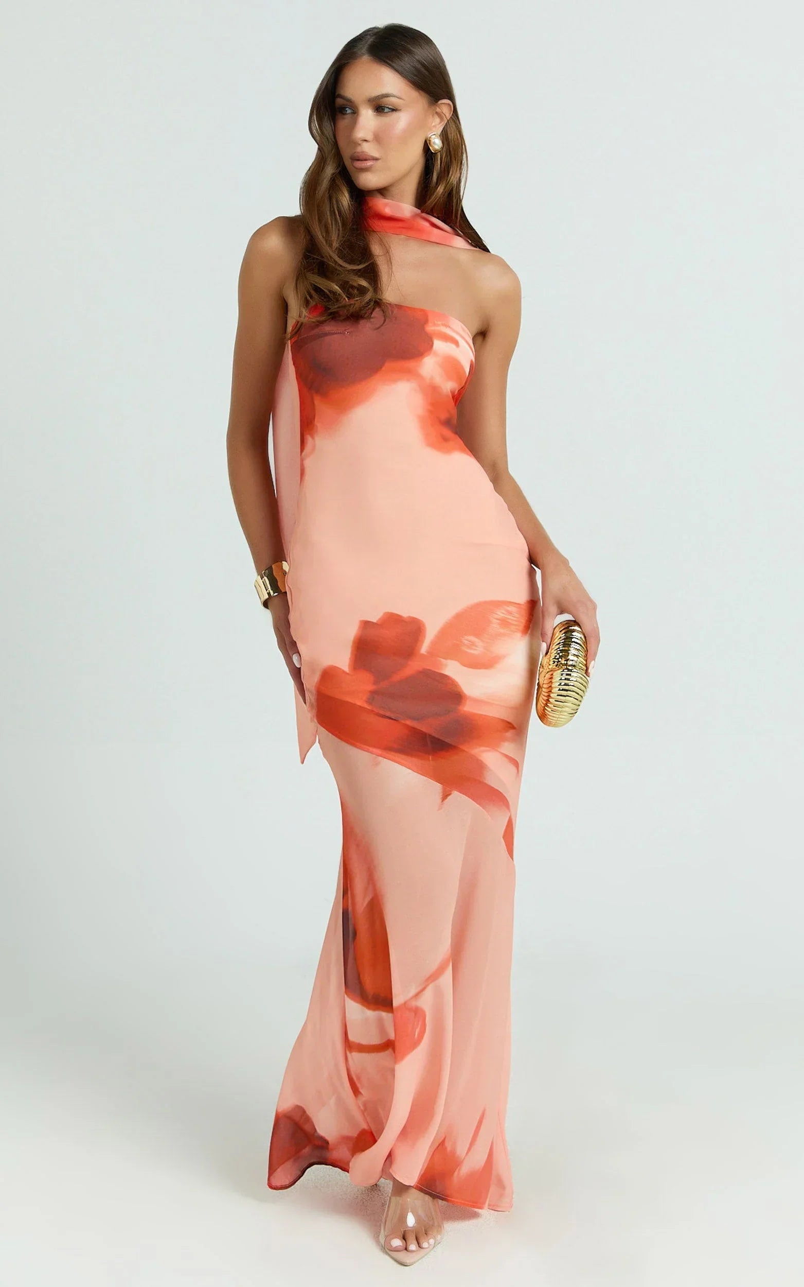 Angie Maxi Dress - Strapless Bias Column Dress with Scarf in Orange
