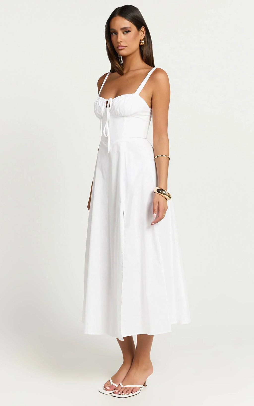 Maiya Midi Dress - Tie Front Fitted Bodice Dress in White