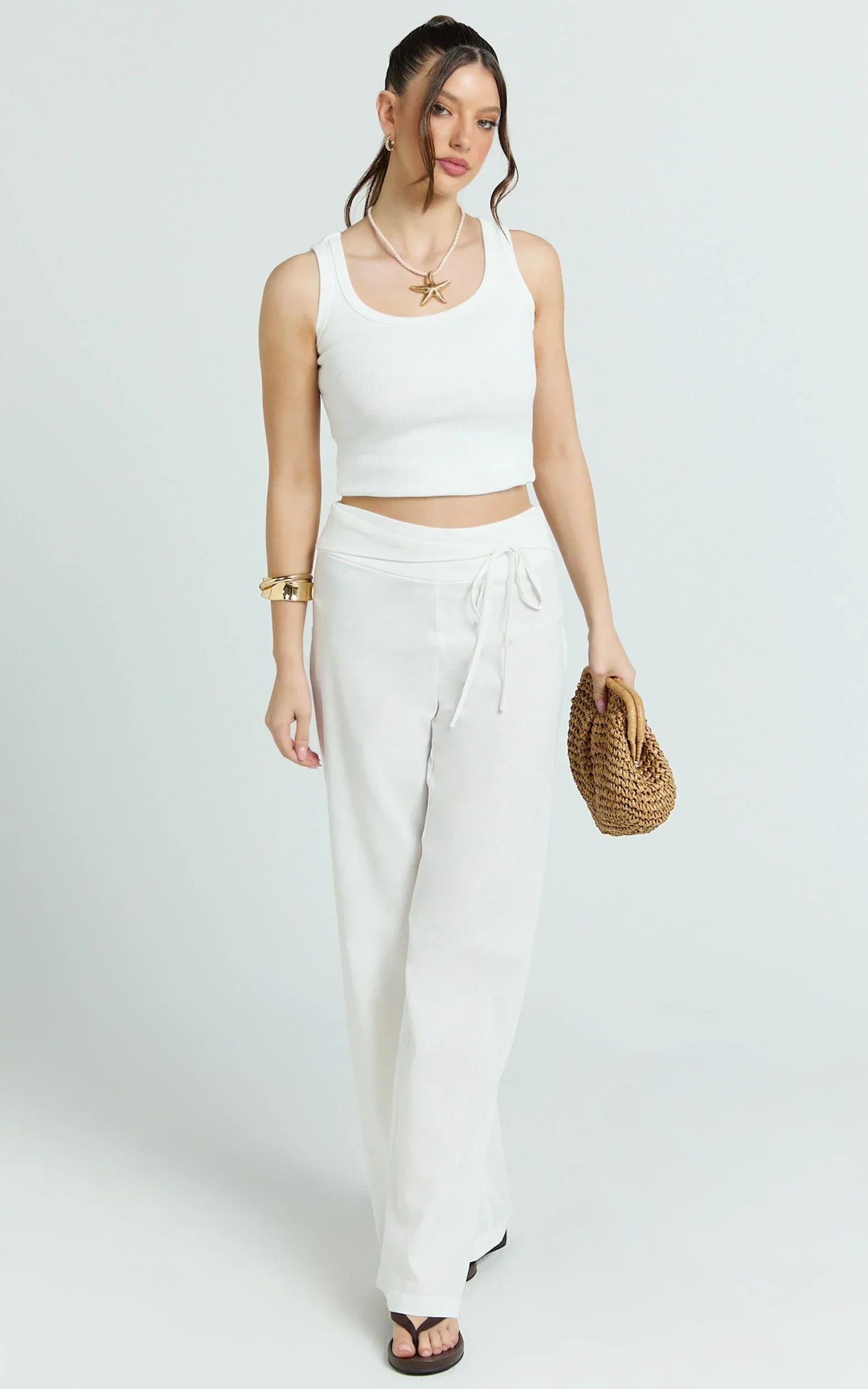 Alva Pants - High Waisted Front Tie Wide Leg Pants in White