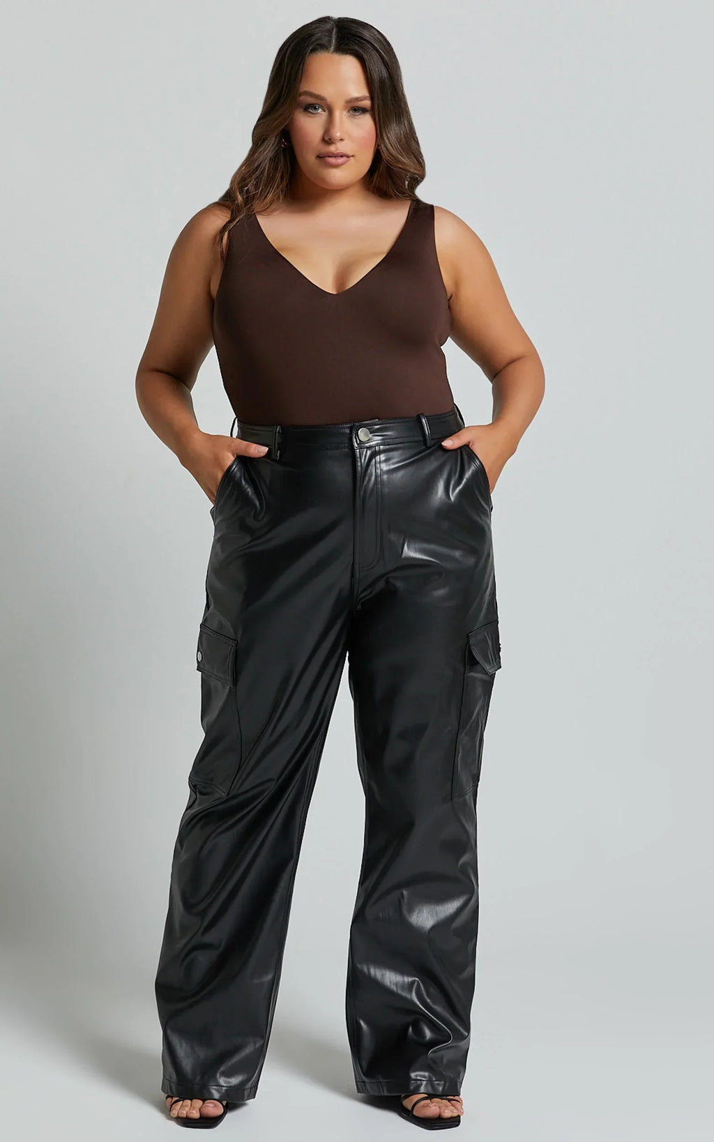 Elviera Pants - High Waisted Faux Leather Cargo Pants in Black