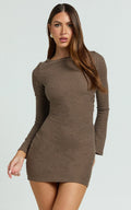 Brenda Mini Dress - Boat Neck Rib Knit Bodycon Dress in Mocha