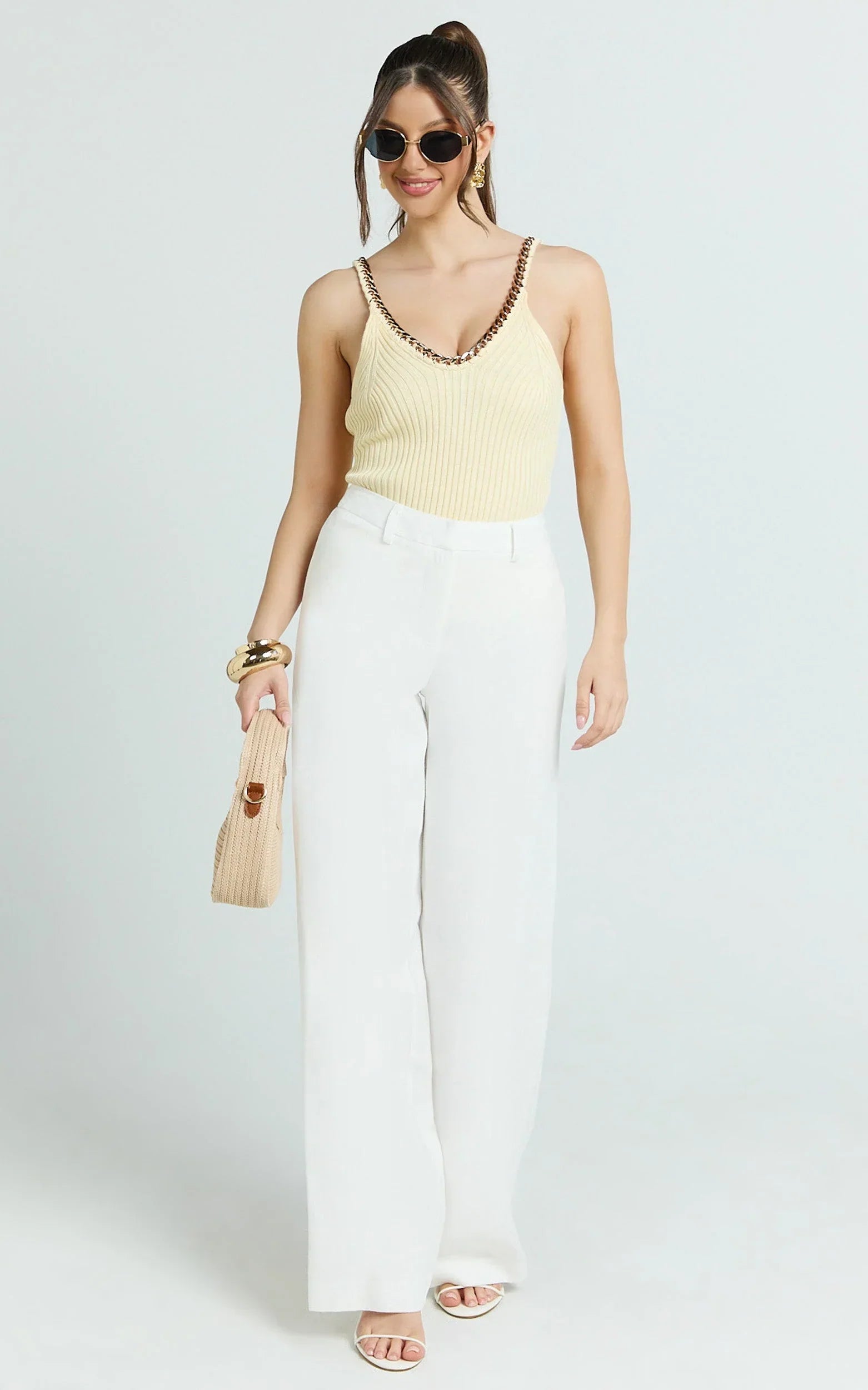 Evie Pants - Mid Rise Wide Leg Linen Blend Tailored Pants in White