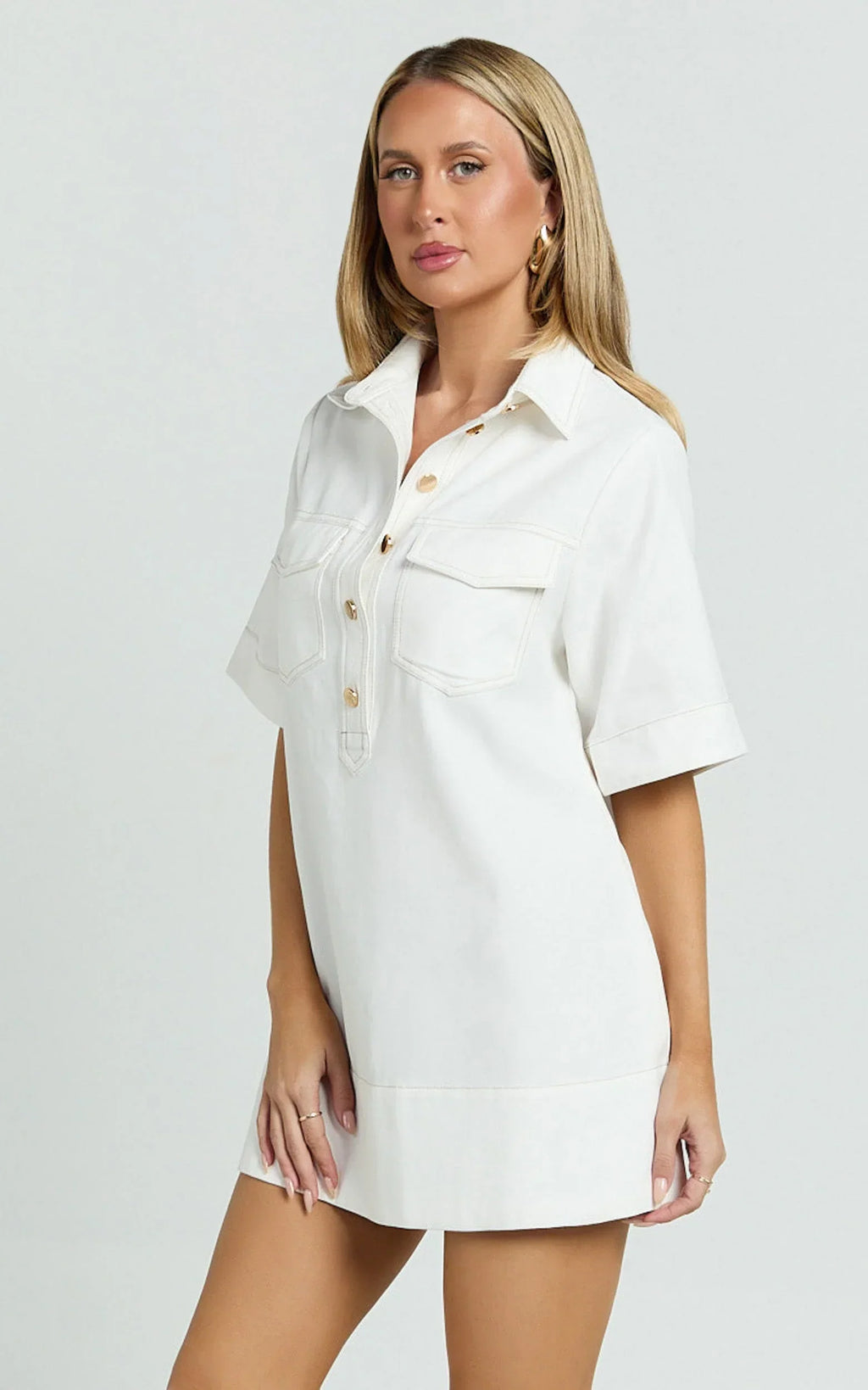 Lynda Mini Dress - Short Sleeve Collared Patch Pocket Shift Dress in Off White