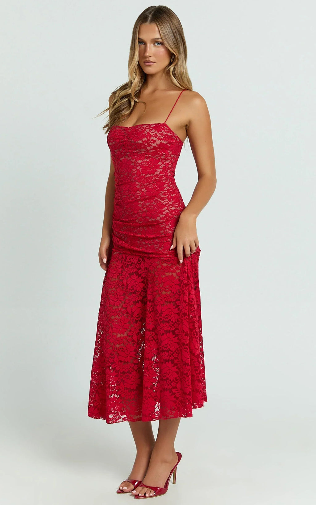 James Midi Dress - Ruched Stretch Lace Dress in Red
