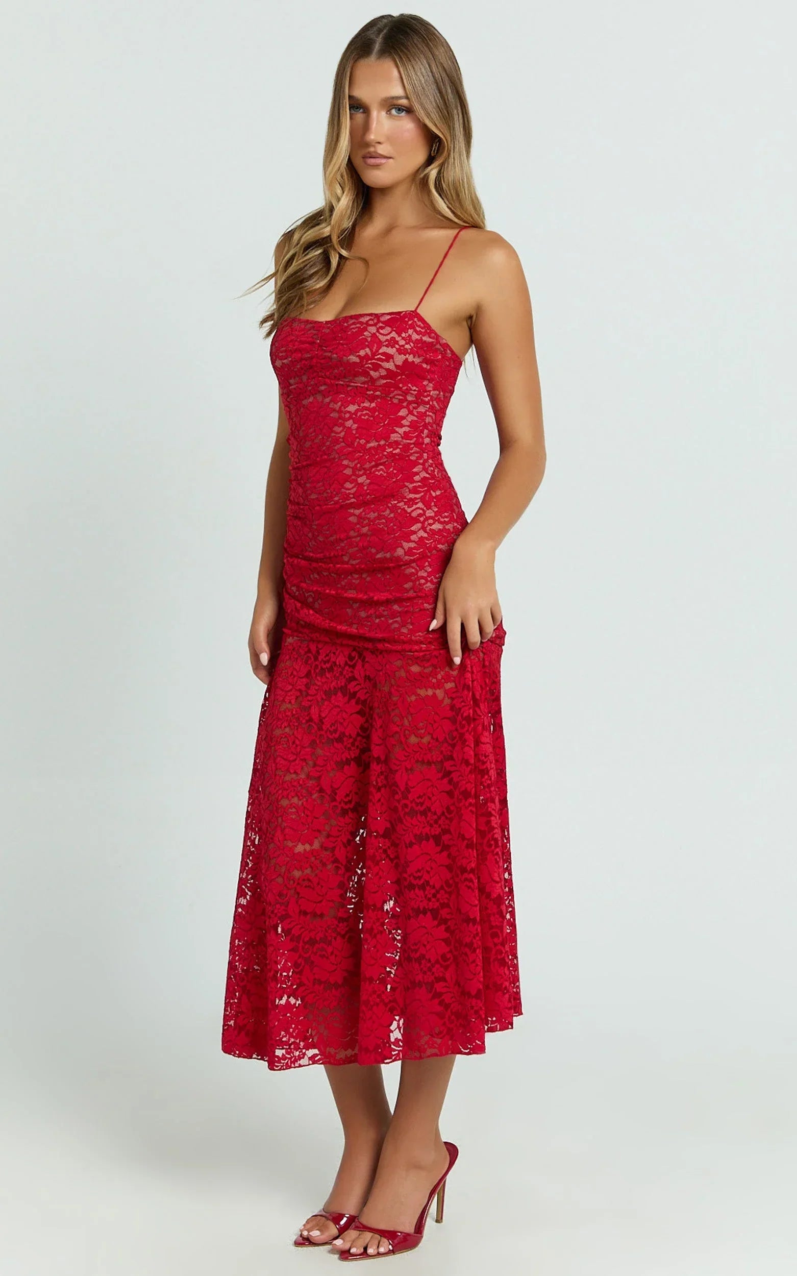 James Midi Dress - Ruched Stretch Lace Dress in Red
