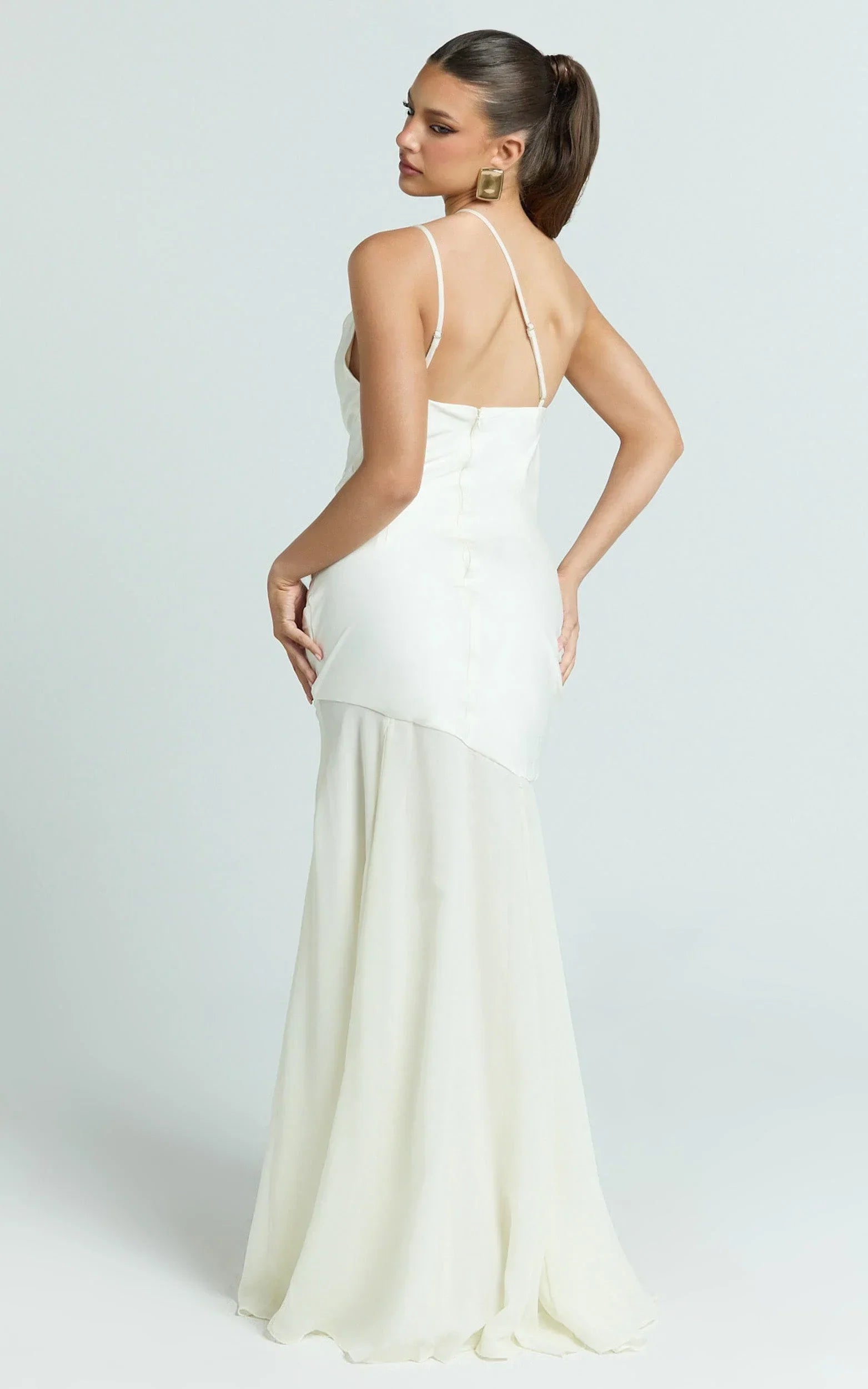 Flynn Maxi Dress - Asymmetric Neck Sheer Skirt Dress in Ivory