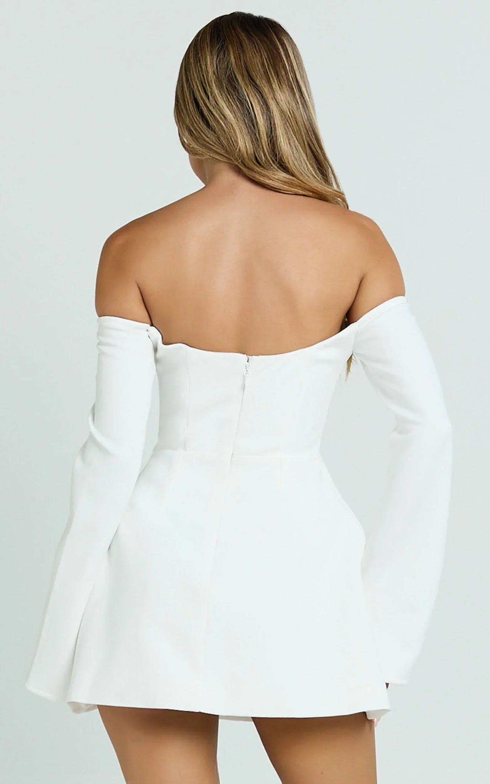 Nettie Mini Dress - Off Shoulder Longsleeve Fit and Flare Dress in White