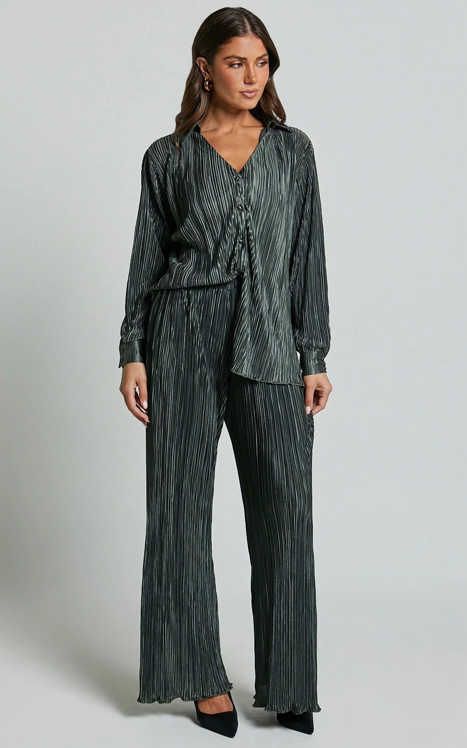Beca Pants - High Waisted Plisse Flared Pants in Olive