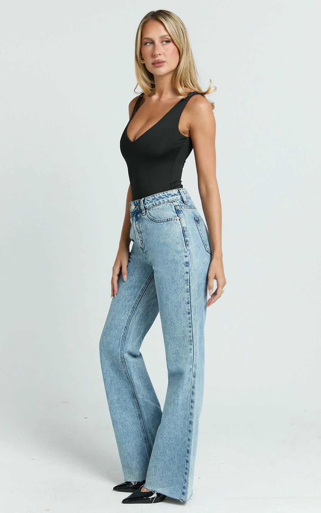 Jacqueline Jeans - High Waisted Relaxed Recycled Denim Bootcut Jeans in Mid Blue Wash