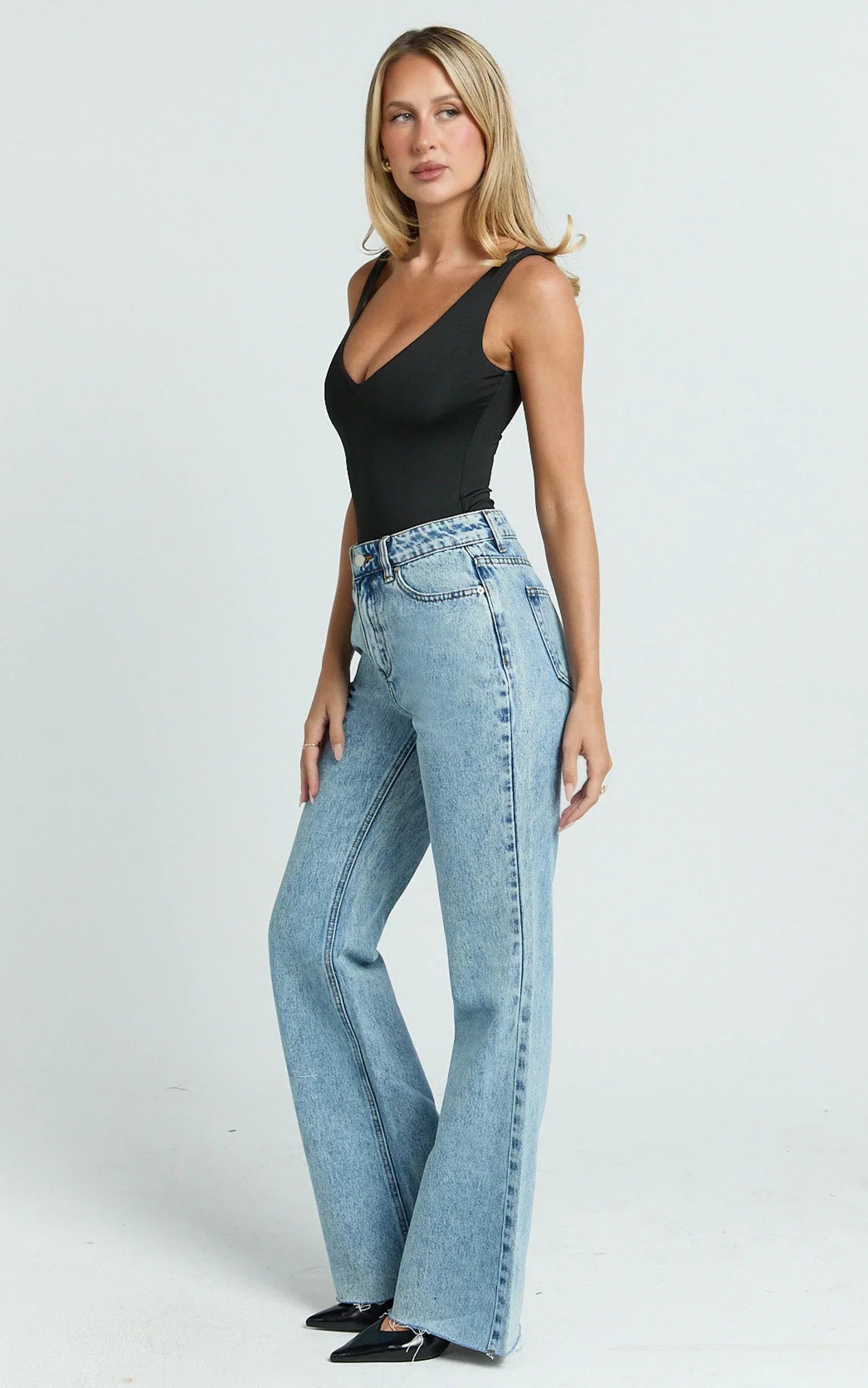 Jacqueline Jeans - High Waisted Relaxed Recycled Denim Bootcut Jeans in Mid Blue Wash