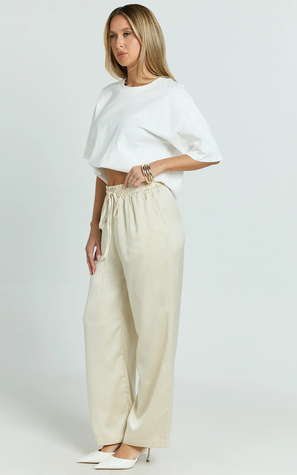 Jinky Pants - Satin Drawstring Pants in Off White