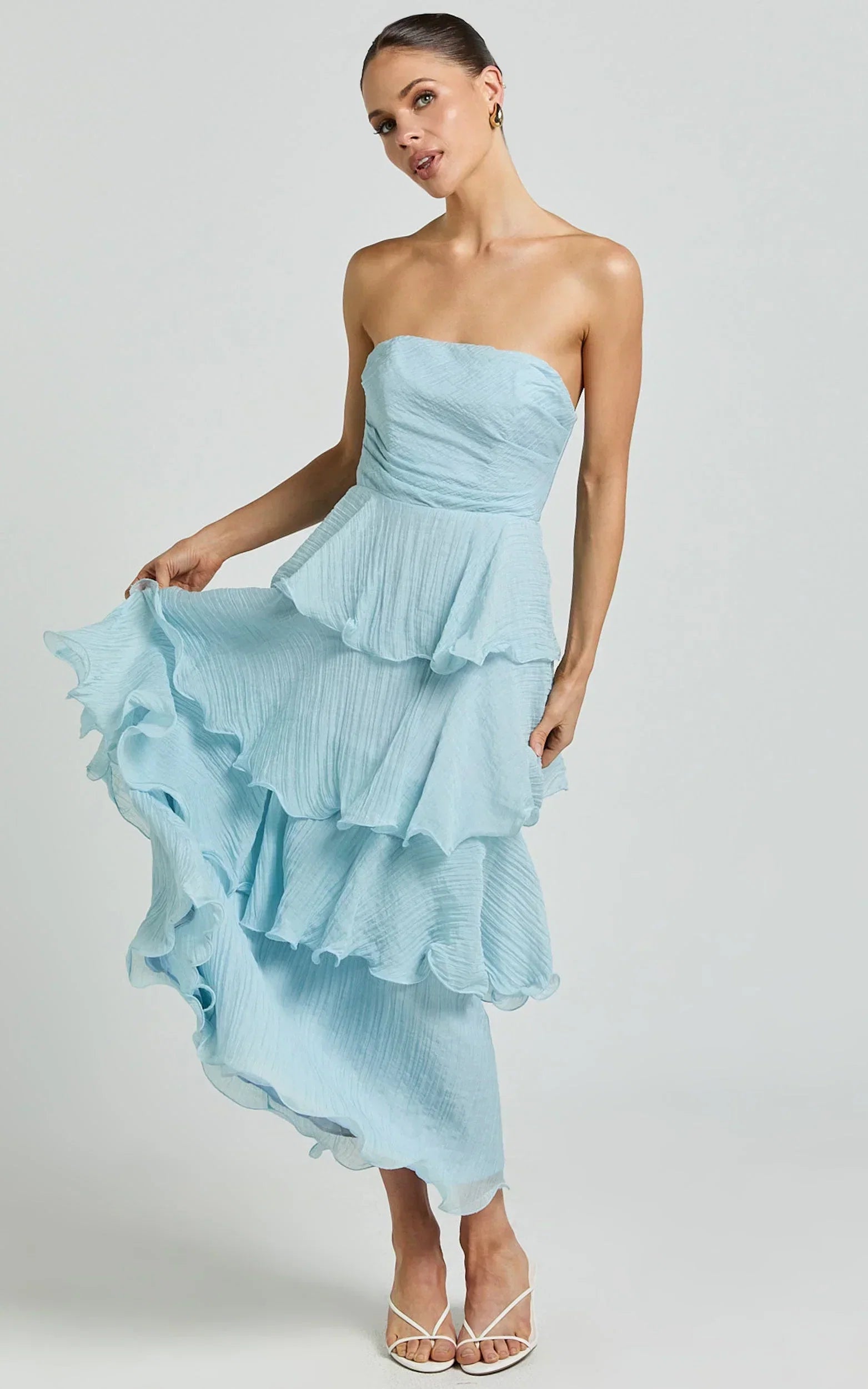 Jaiden Midi Dress - Strappless Layered Dress in Blue