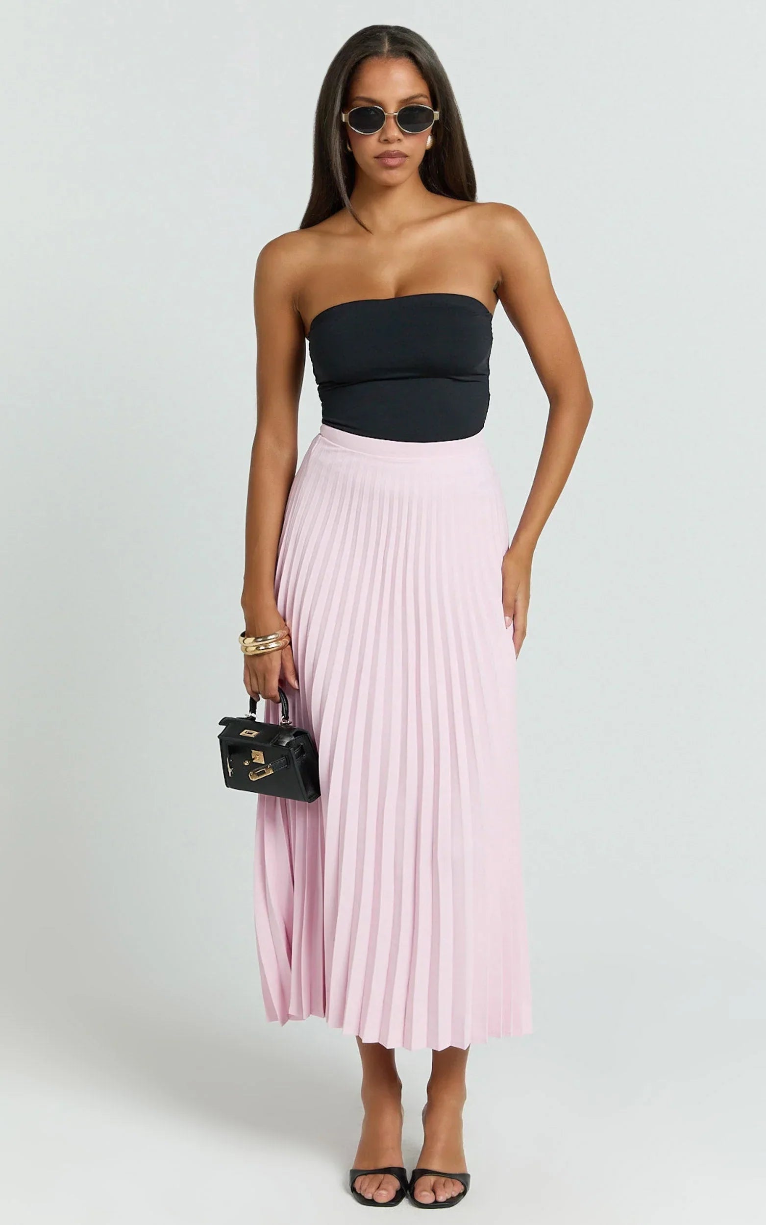 Harlee Midi Skirt - Pleated High Waist A Line Skirt in Baby Pink