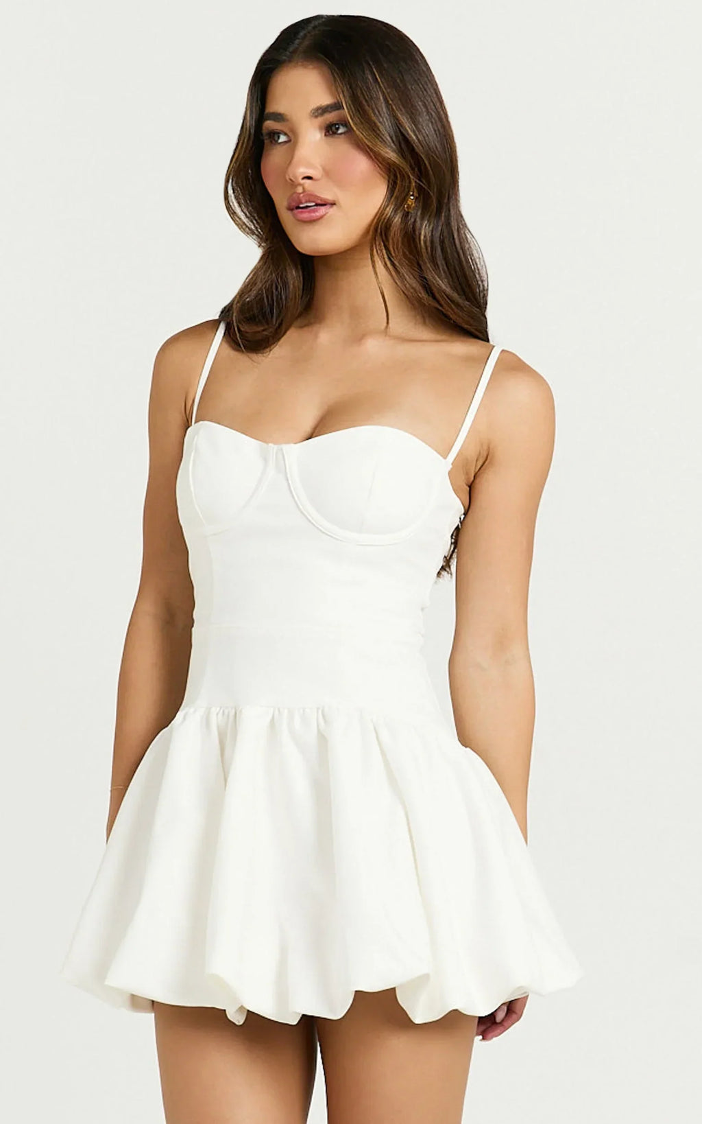 Kacey Mini Dress - Textured Drop Waist Bubble Hem Dress in Off White