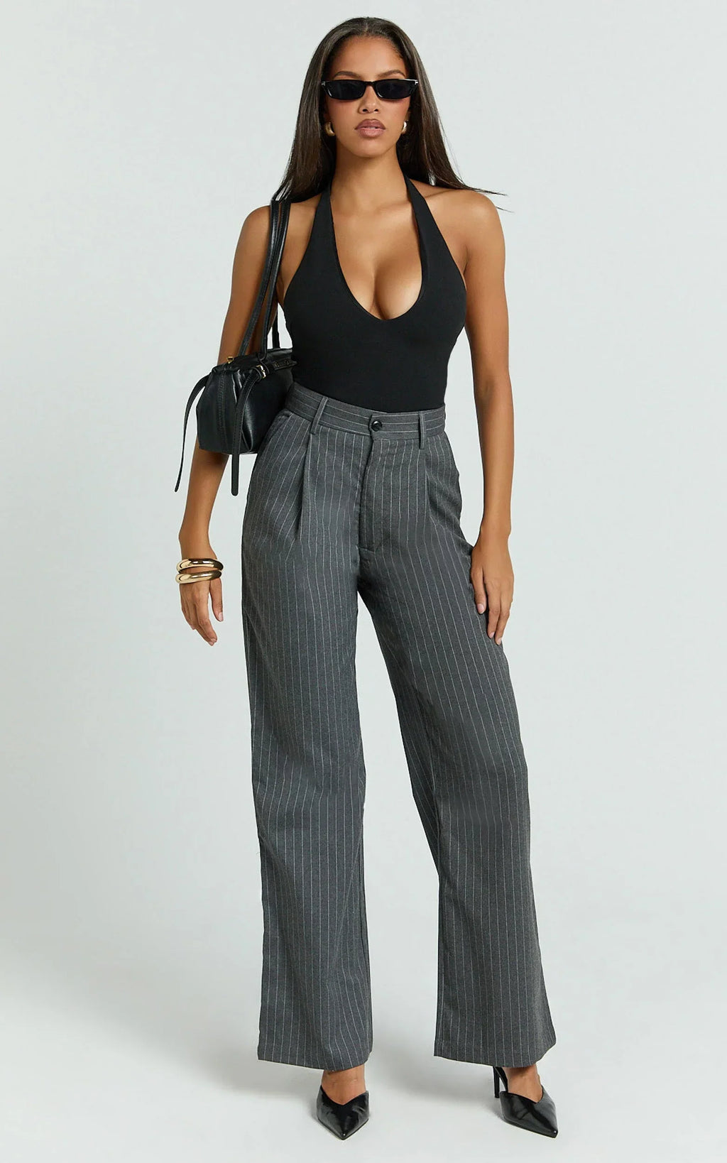 Nora Pants - Pinstripe Tailored Relaxed Pants in Grey Pinstripe