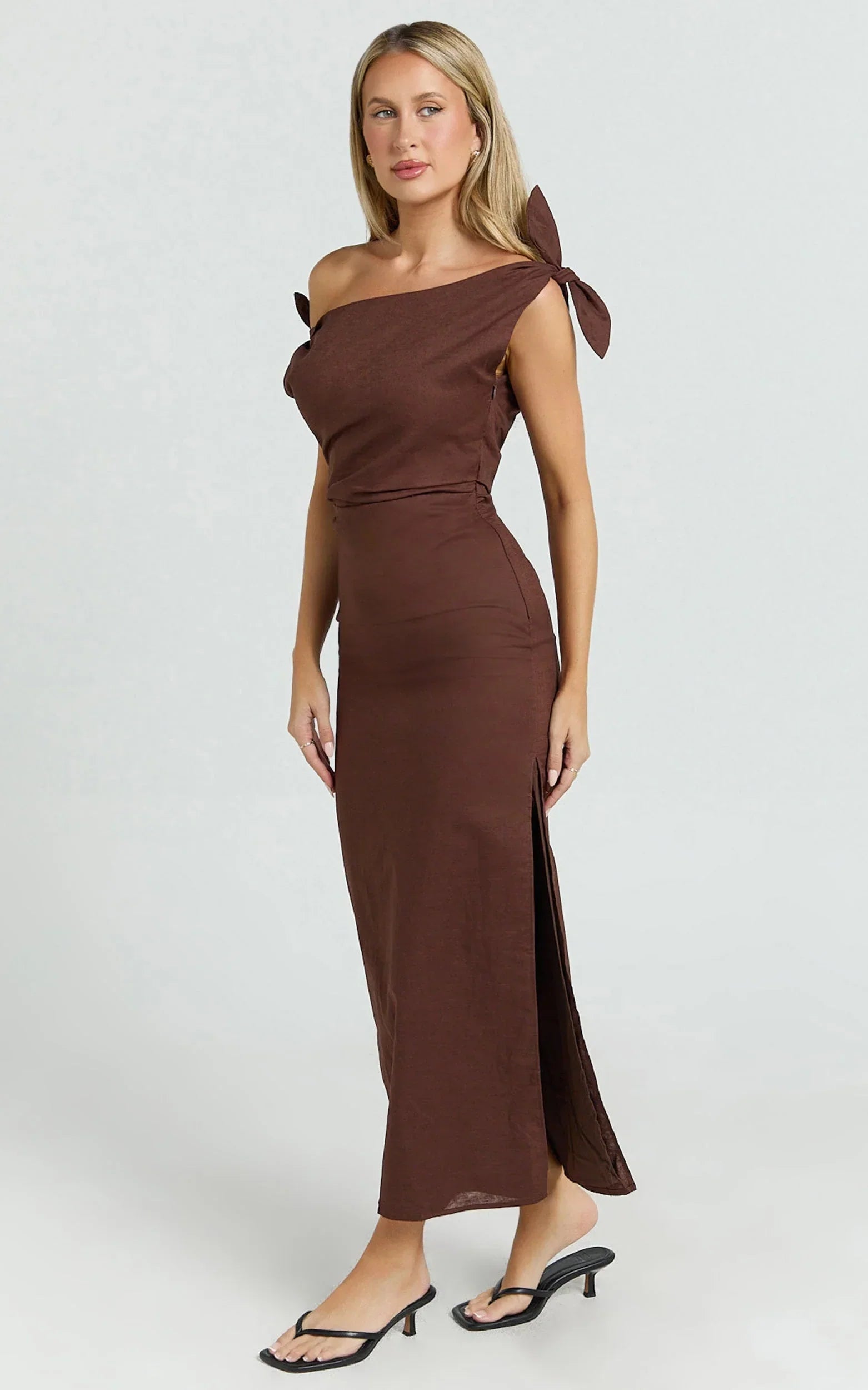Cincinnati Midi Dress - Off The Shoulder Side Split Column Linen Dress in Chocolate