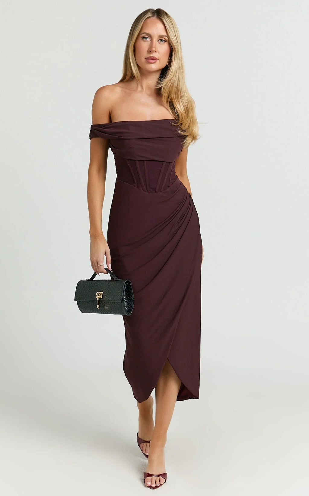 Aidia Midi Dress - Off Shoulder Draped Corset Dress in Burgundy