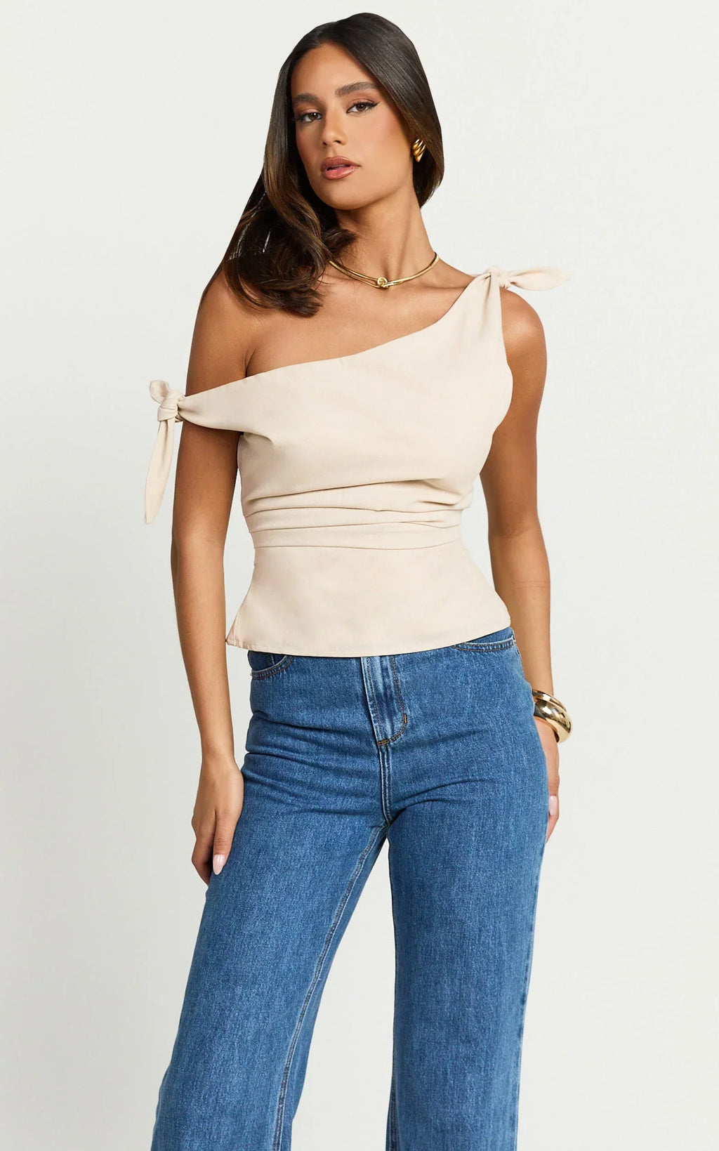 Ivy Top - Linen Off Shoulder Tie Top in Oatmeal