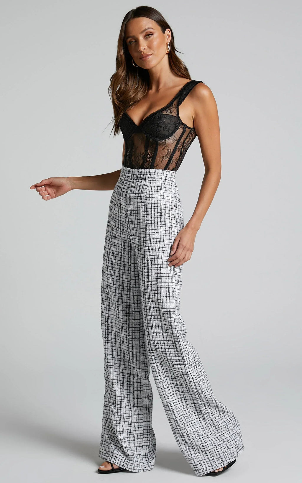 Icie Pants - High Waisted Tweed Wide Leg Pants in White & Black