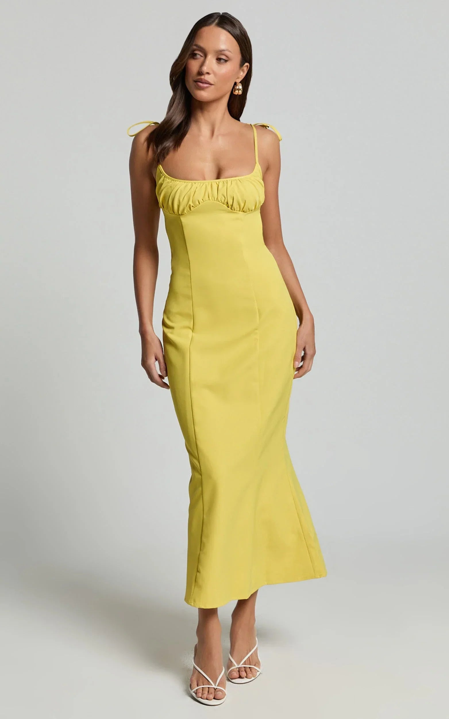 Karina Midi Dress - Ruched Bust Tie Shoulder Fit and Flare Dress in Lemon