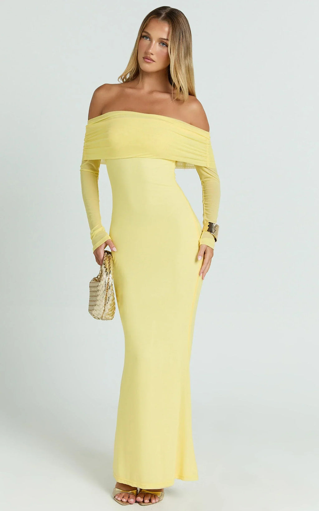 Bethanie Maxi Dress - Off The Shoulder Mesh Dress in Lemon