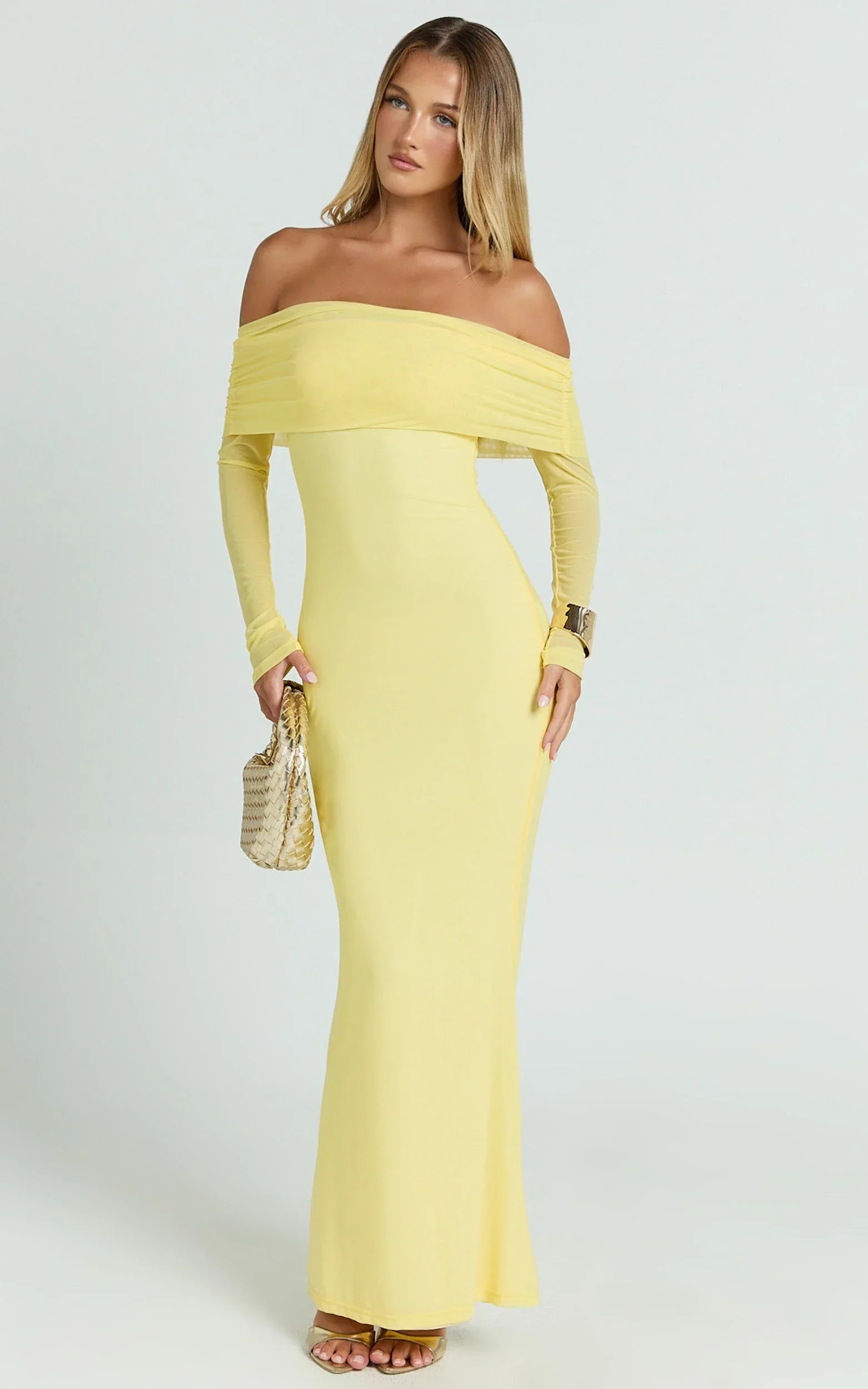 Bethanie Maxi Dress - Off The Shoulder Mesh Dress in Lemon