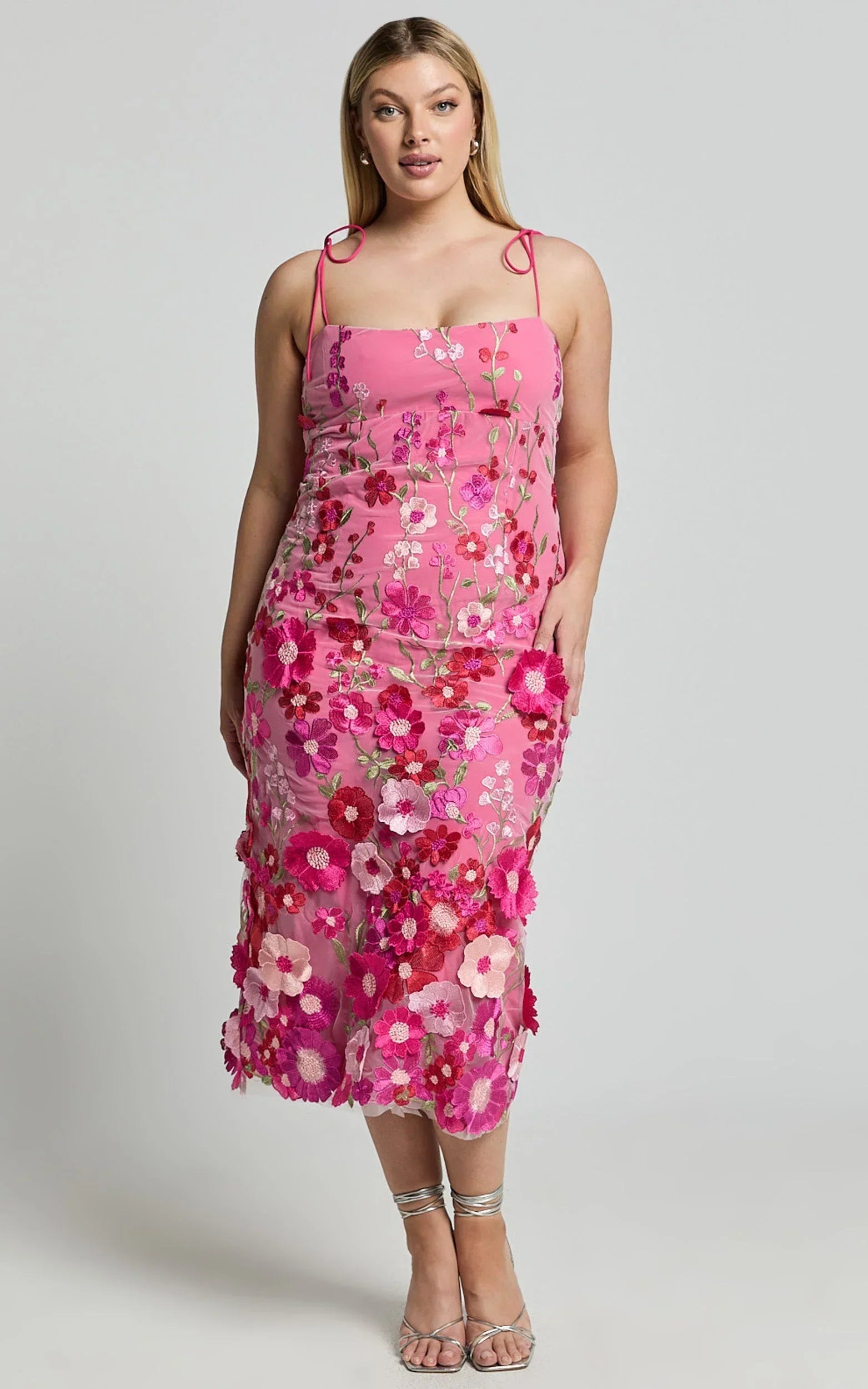 Jamich Midi Dress - Straight Neck Tie Strap Pencil Dress in Magenta