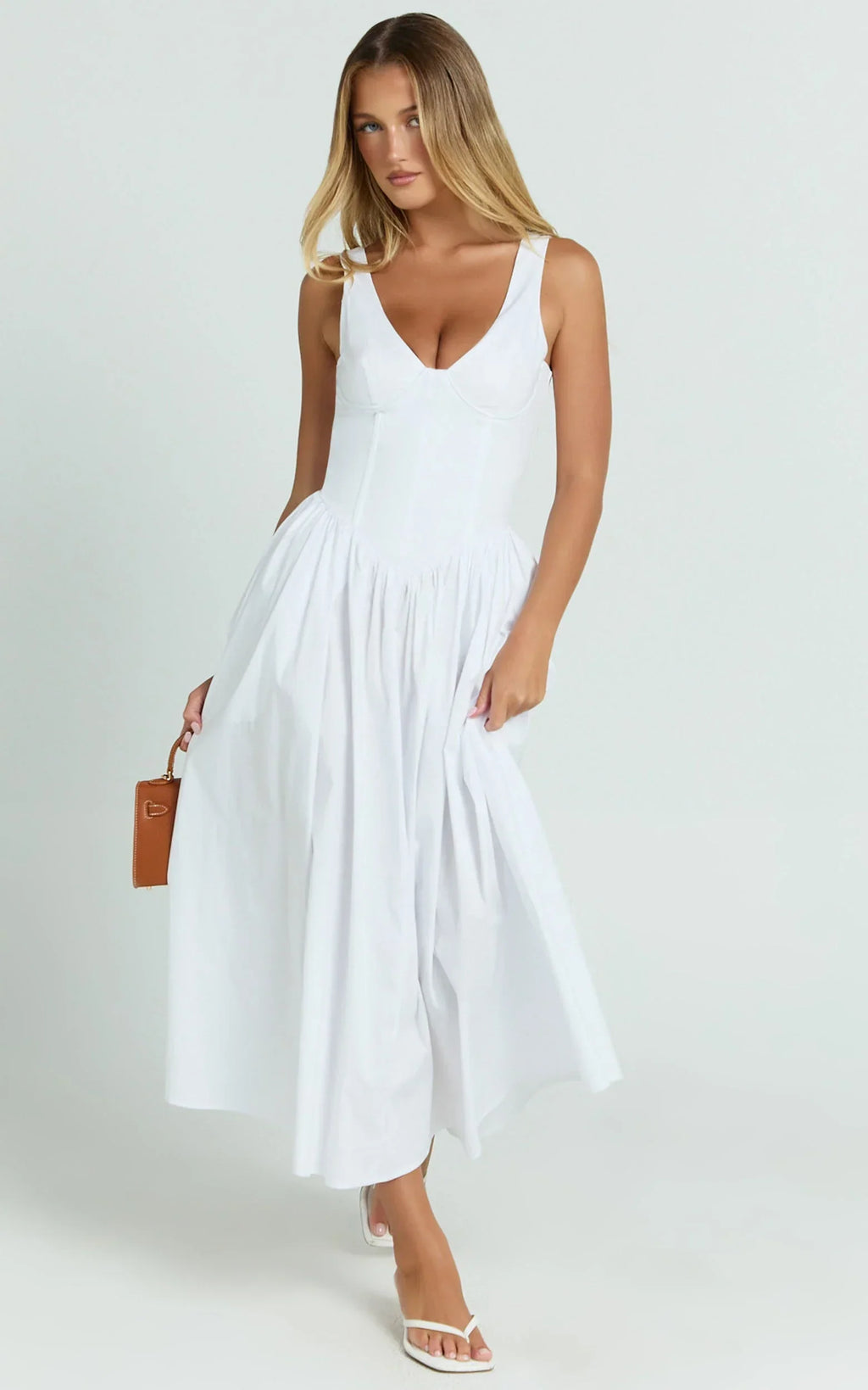 Beckett Midi Dress - Scoop Neck Drop V Waist Gathered Skirt Dress in White