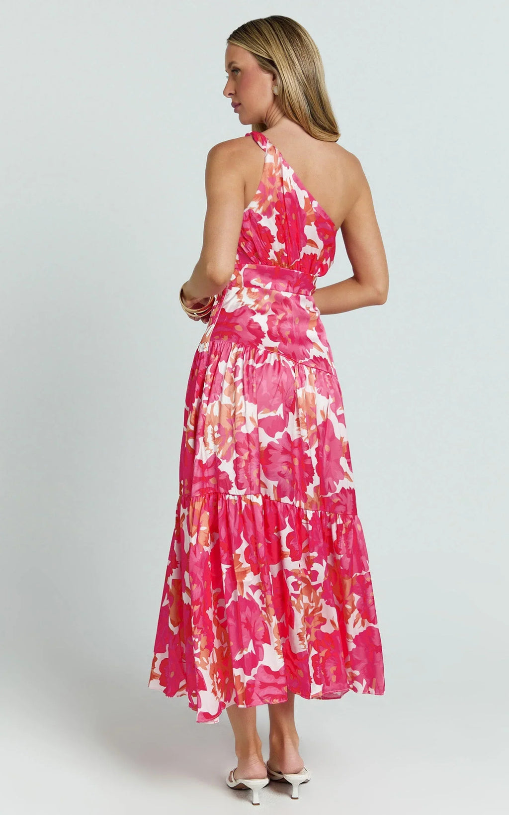 Georgine Midi Dress - One Shoulder Ruched Tiered Dress in Peony Blossom