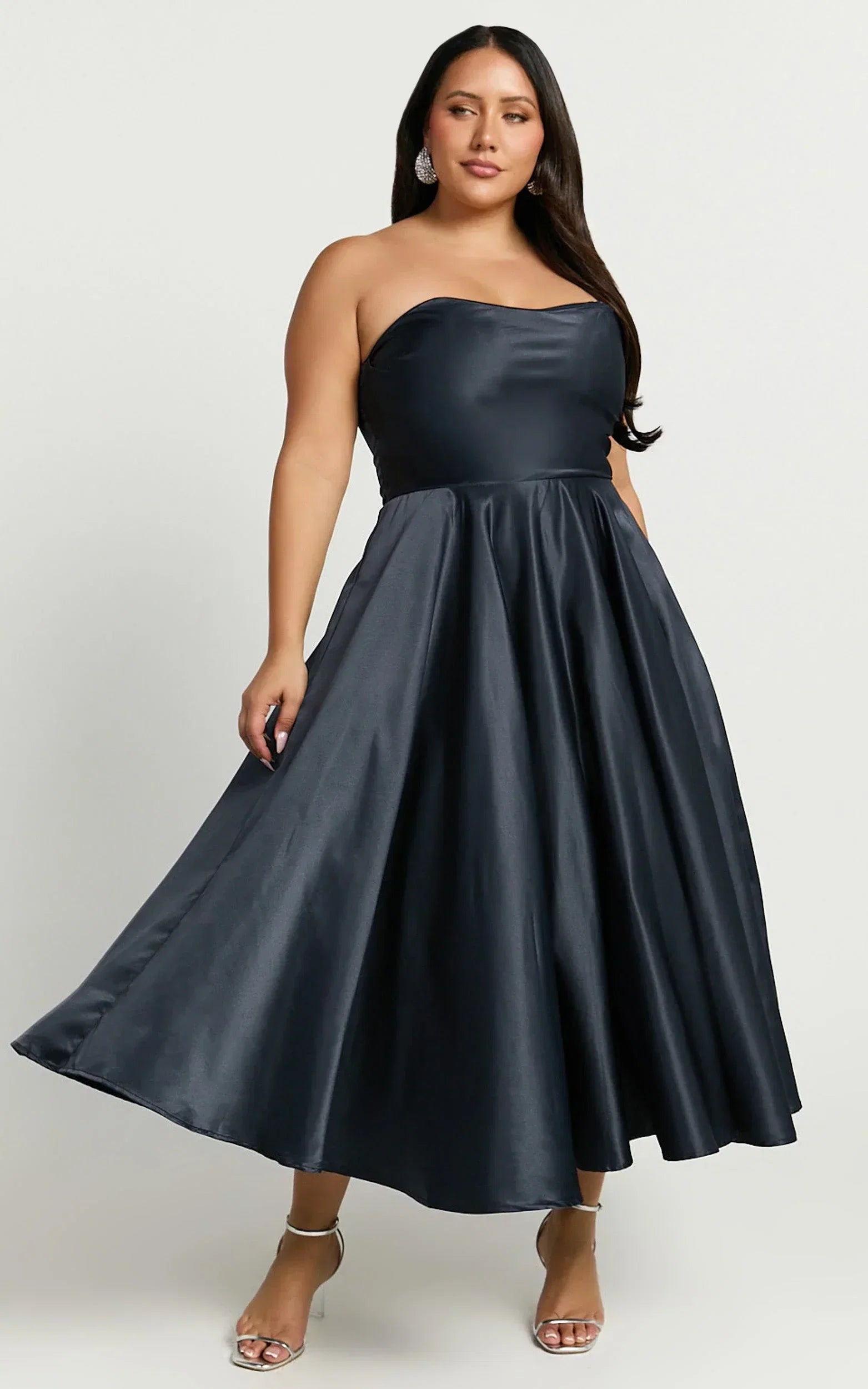 Helaina Midi Dress - Line Satin Dress in Navy
