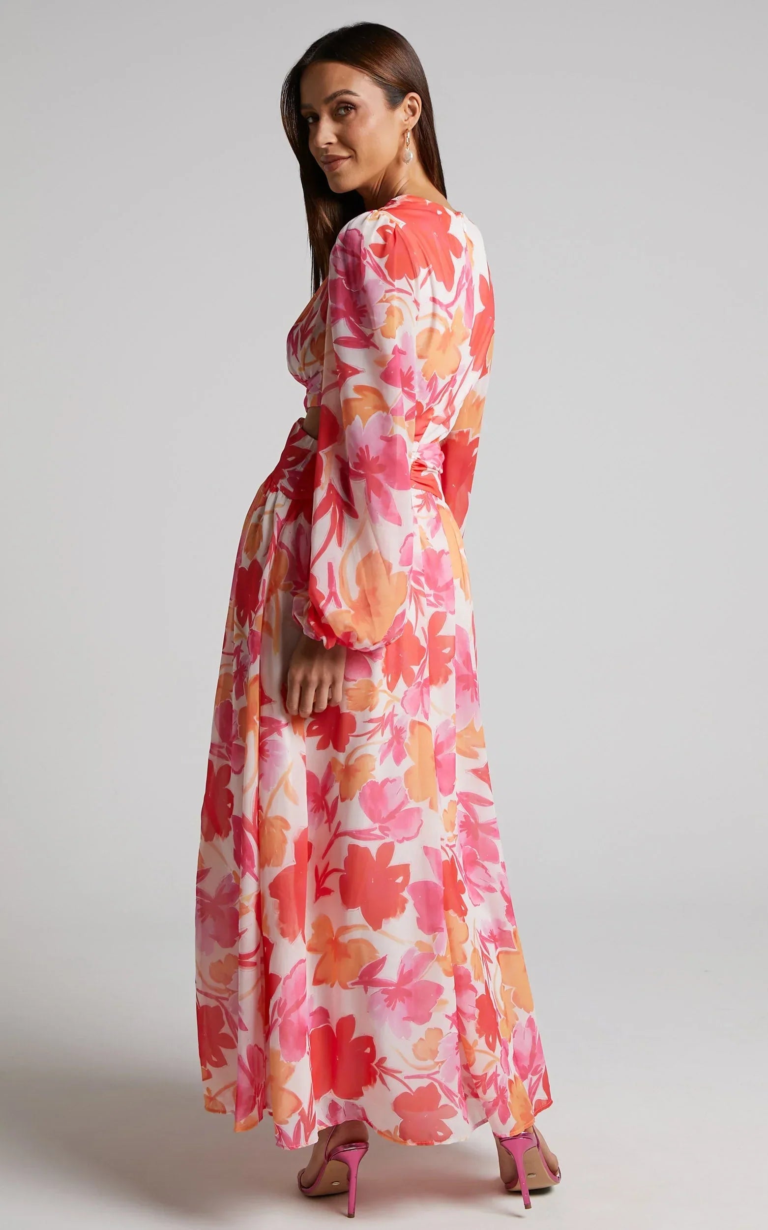 Emilee Midi Dress - Side Cut Out Long Sleeve Plunge Dress in Pink Floral