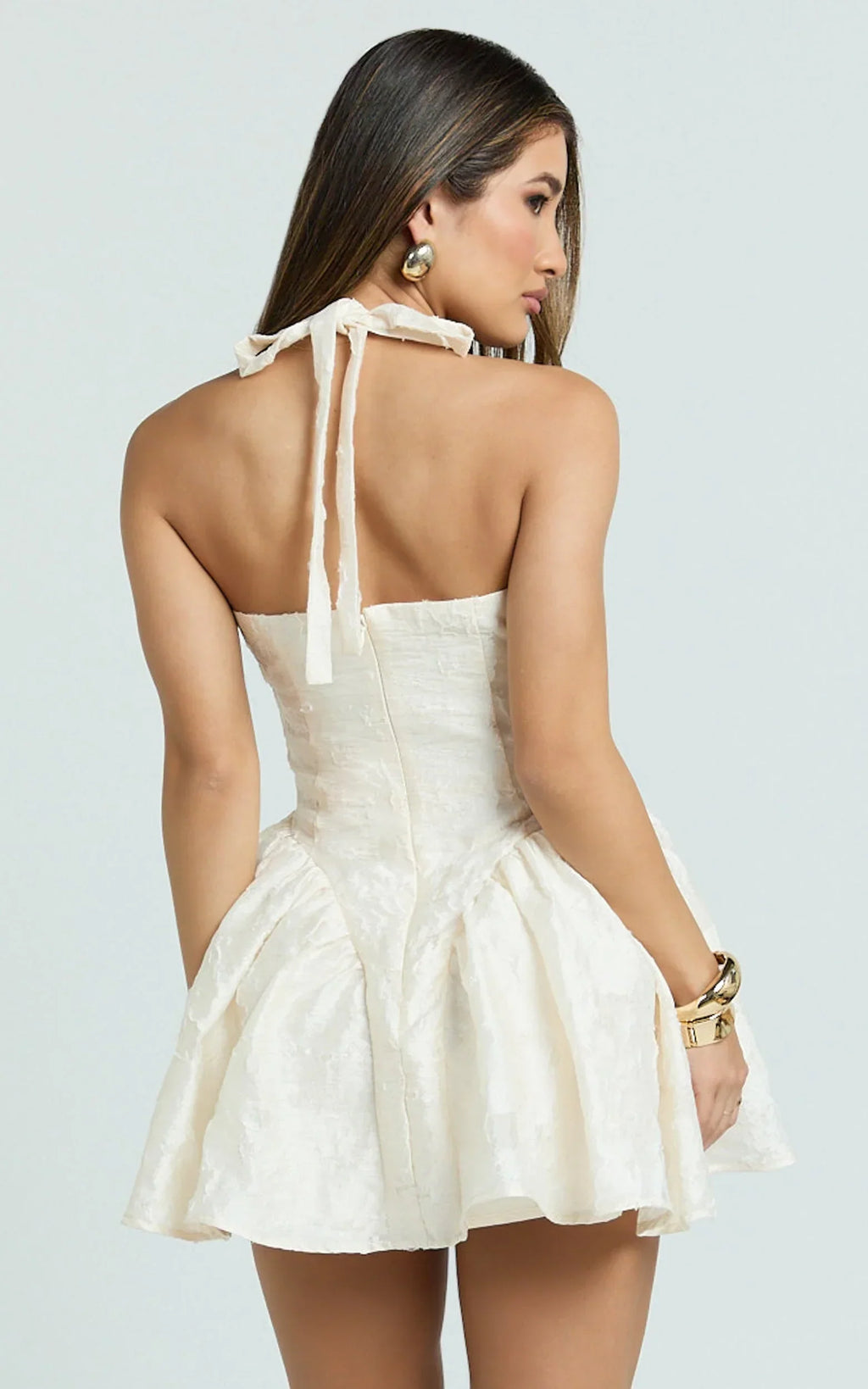 Posie Mini Dress - Plunge Fit And Flare Dress in Cream