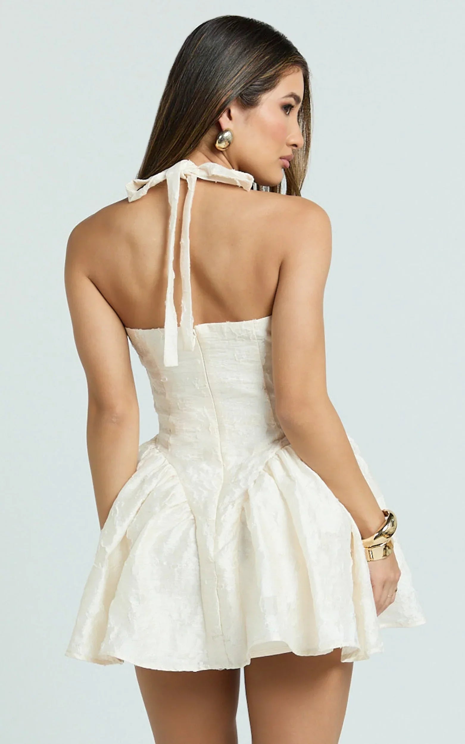 Posie Mini Dress - Plunge Fit And Flare Dress in Cream