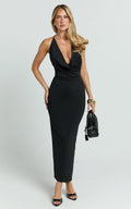 Roxanne Midi Dress - Low Cowl Open Back Slip Dress in Black