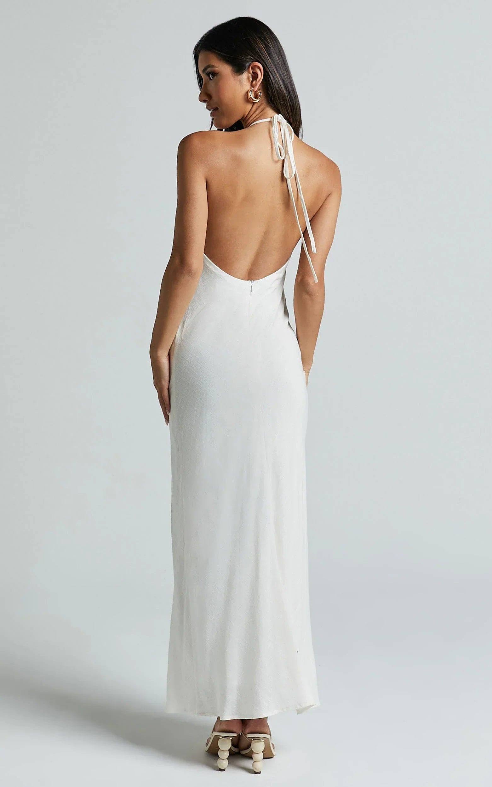 Cyrena Maxi Dress - Linen Halter Neck Sleeveless Slip Dress in Off White